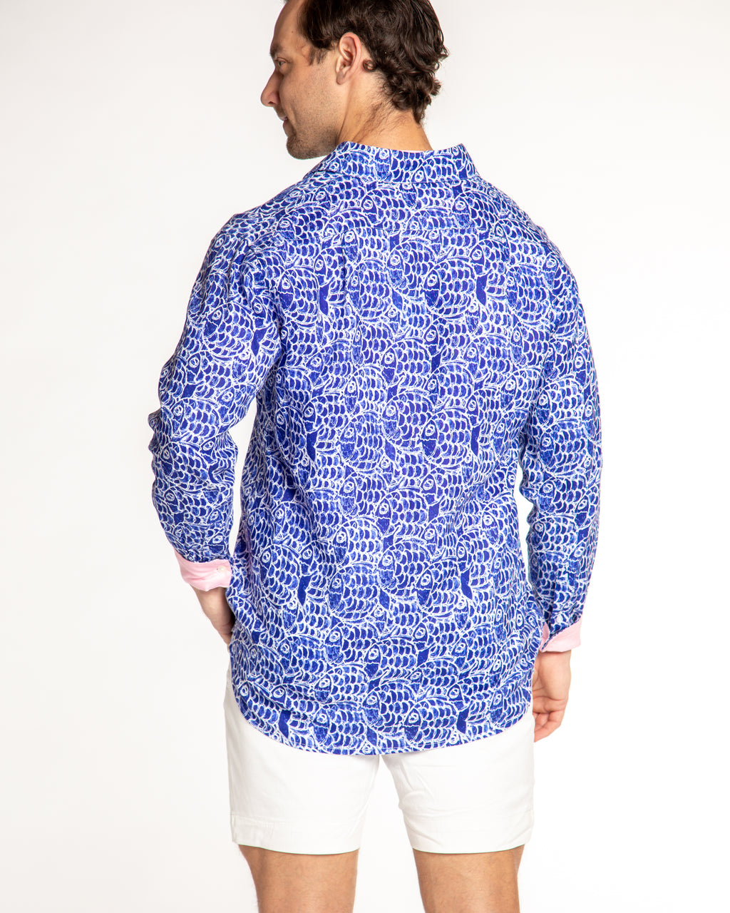 Men's Printed Linen Long Sleeve Shirt - Abstract Fish Navy