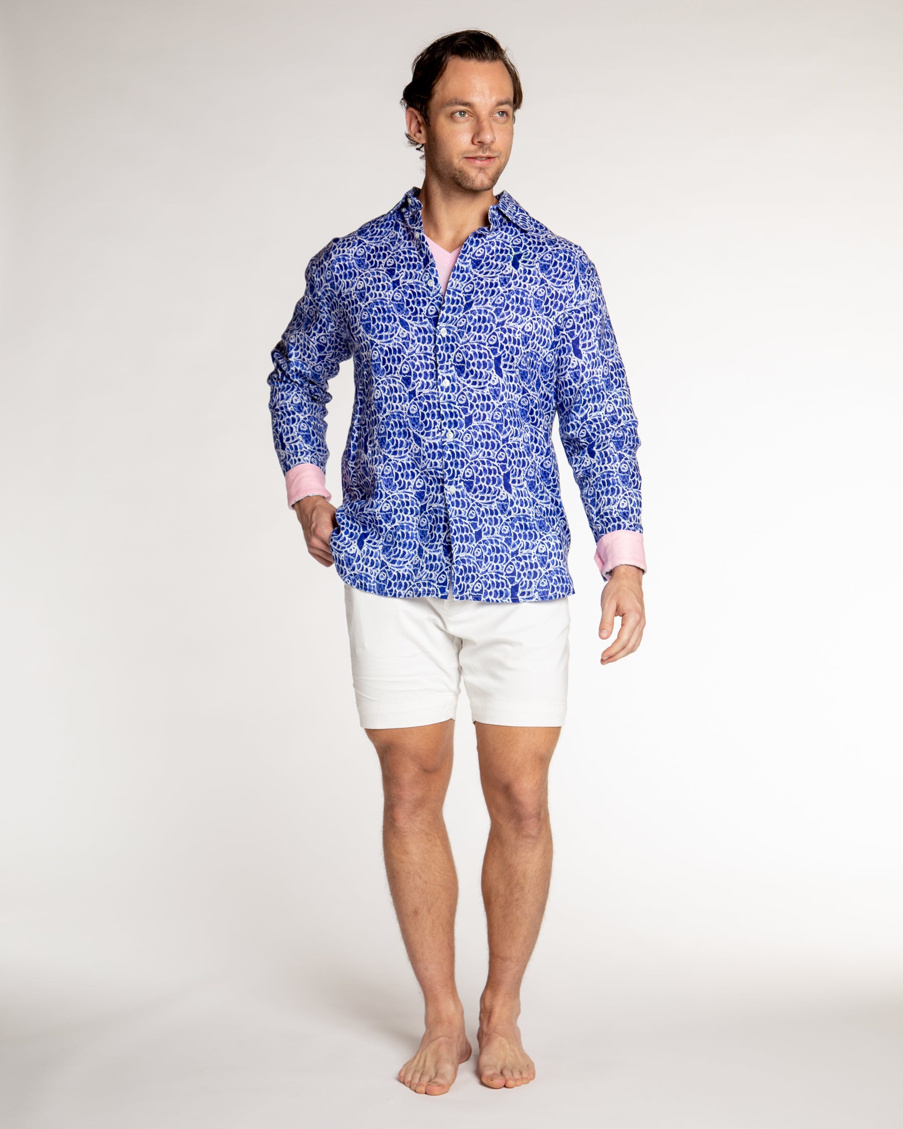 Men's Printed Linen Long Sleeve Shirt - Abstract Fish Navy