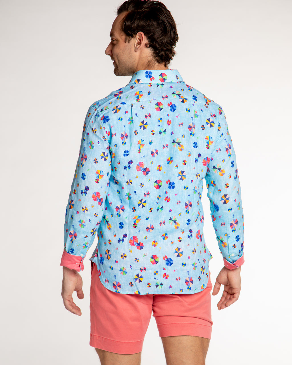 Men's Printed Linen Long Sleeve Shirt - Umbrellas Blue