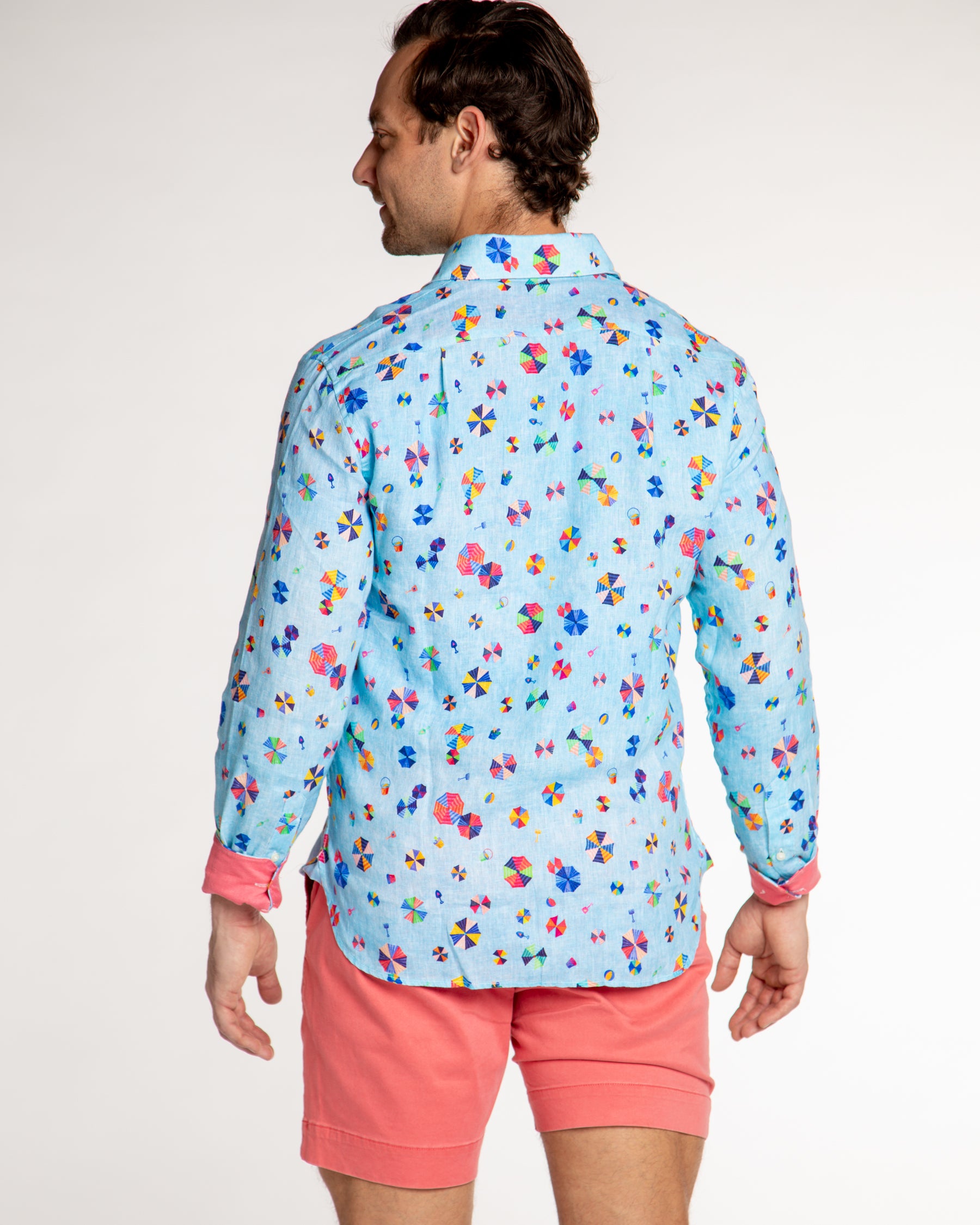Men's Printed Linen Long Sleeve Shirt - Umbrellas Blue