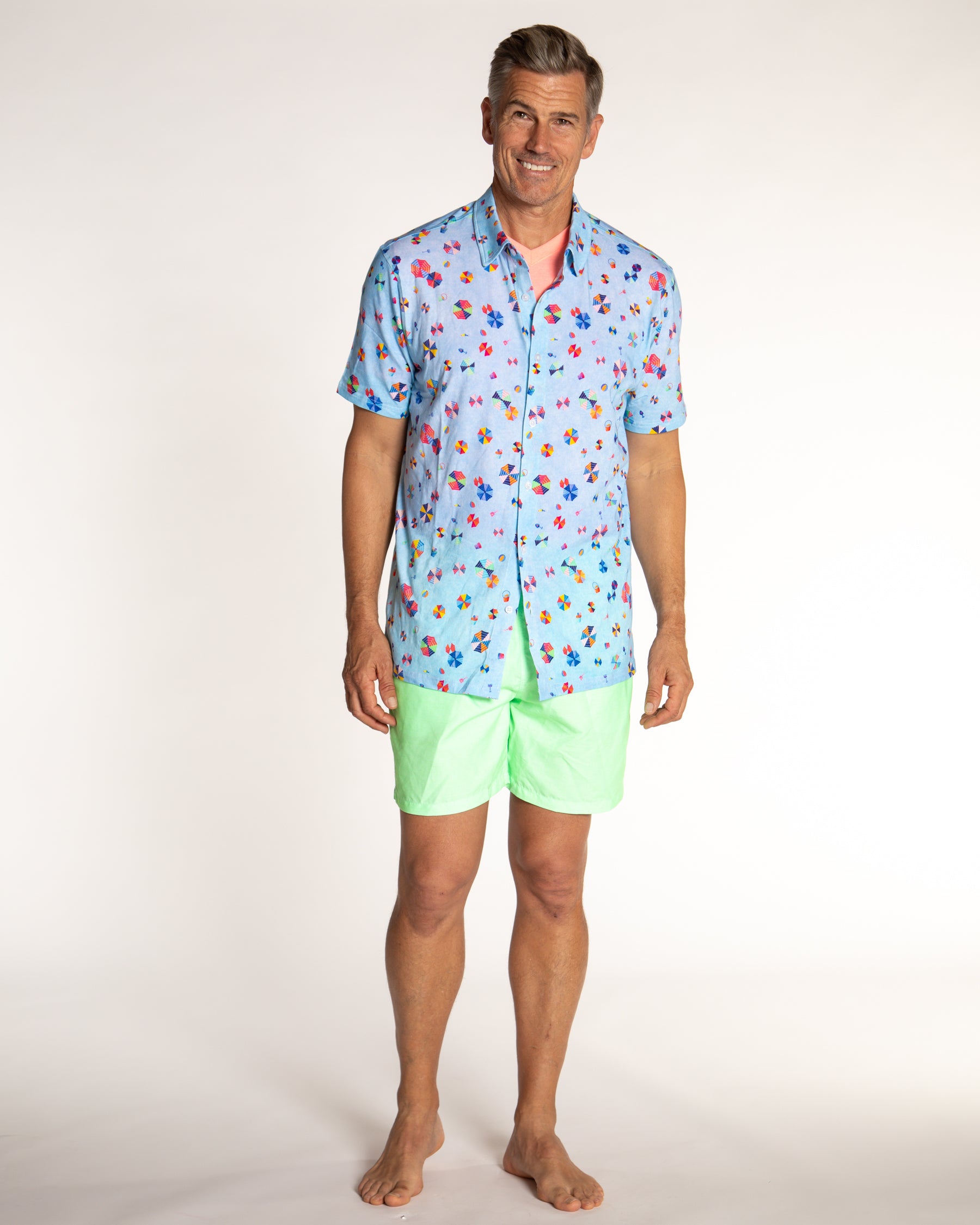 Men's Printed Pima Cotton Short Sleeve Shirt - Beach Umbrellas Blue