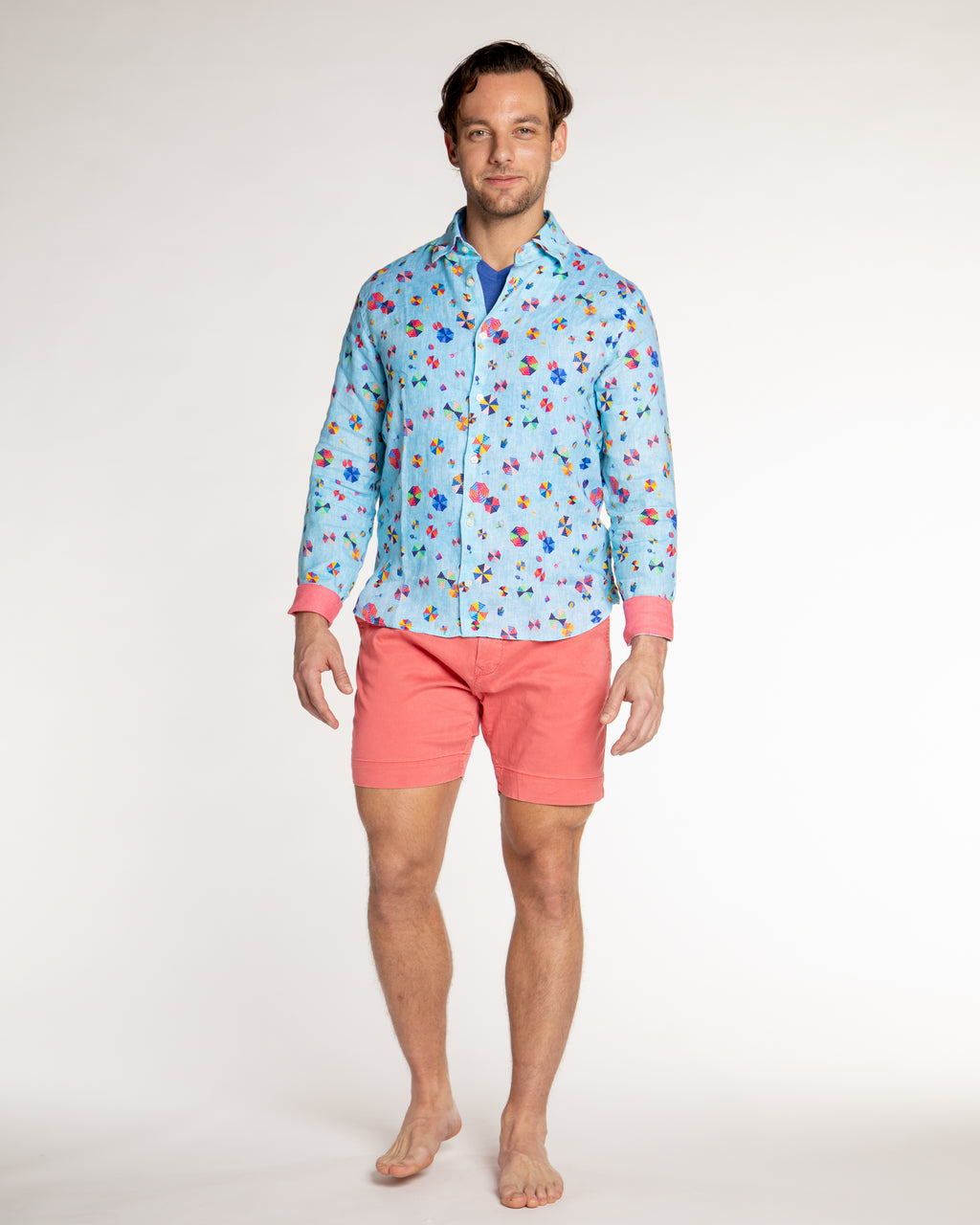 Men's Printed Linen Long Sleeve Shirt - Umbrellas Blue