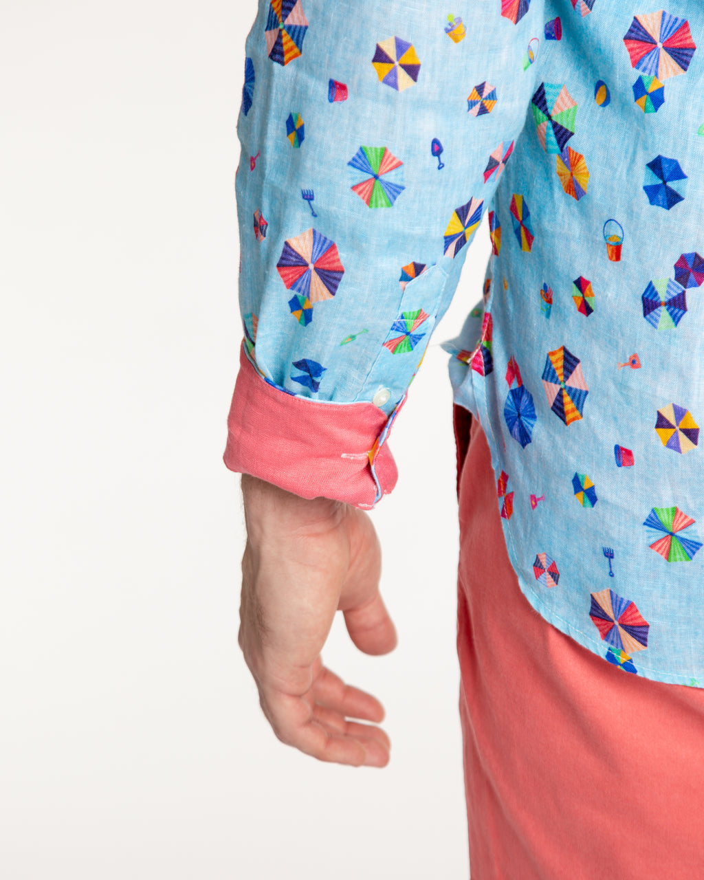 Men's Printed Linen Long Sleeve Shirt - Umbrellas Blue