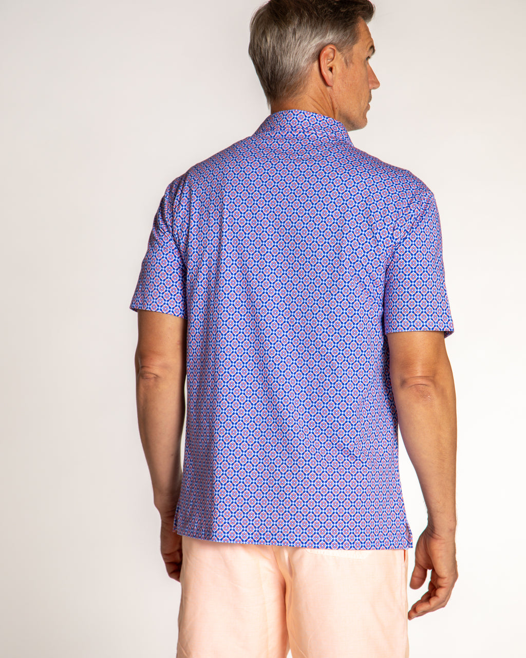 Men's Printed Pima Cotton Short Sleeve Shirt - Blooming Stars Navy/Orange