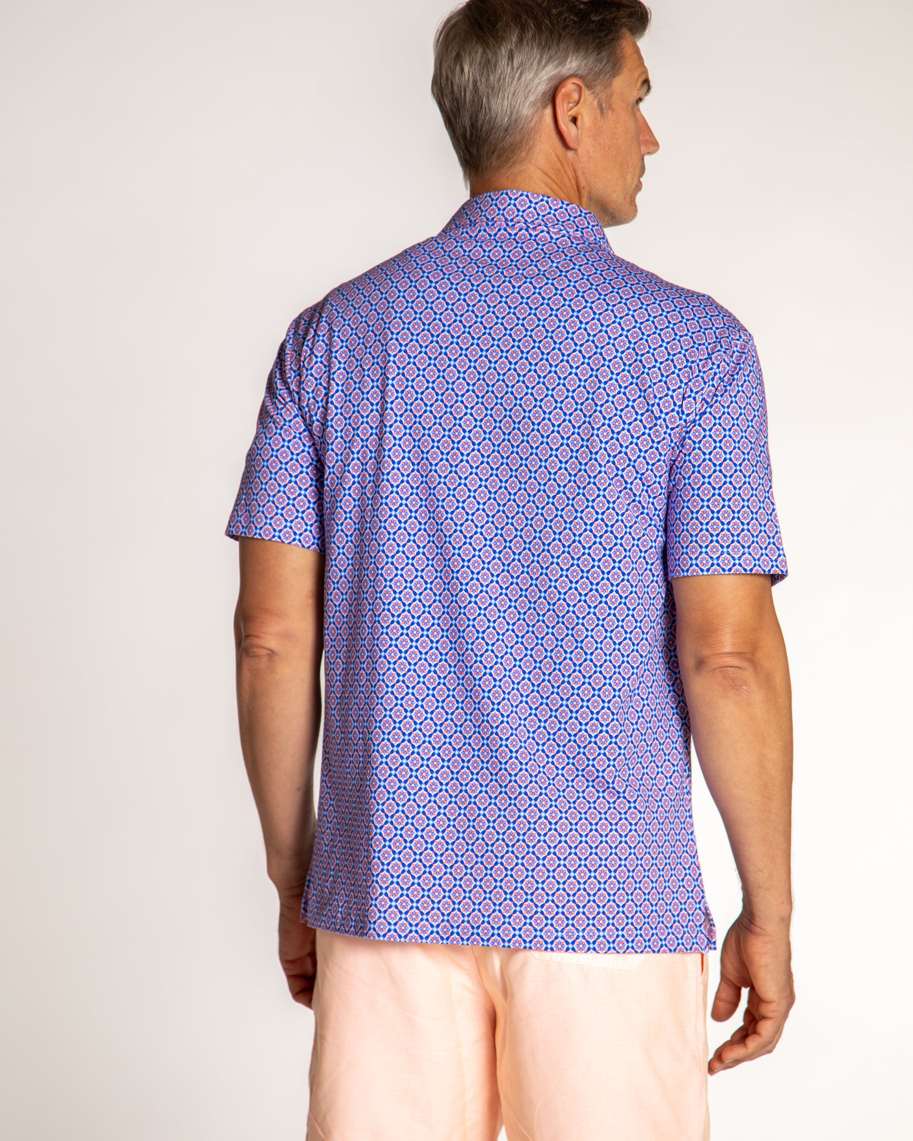 Men's Printed Pima Cotton Short Sleeve Shirt - Blooming Stars Navy/Orange