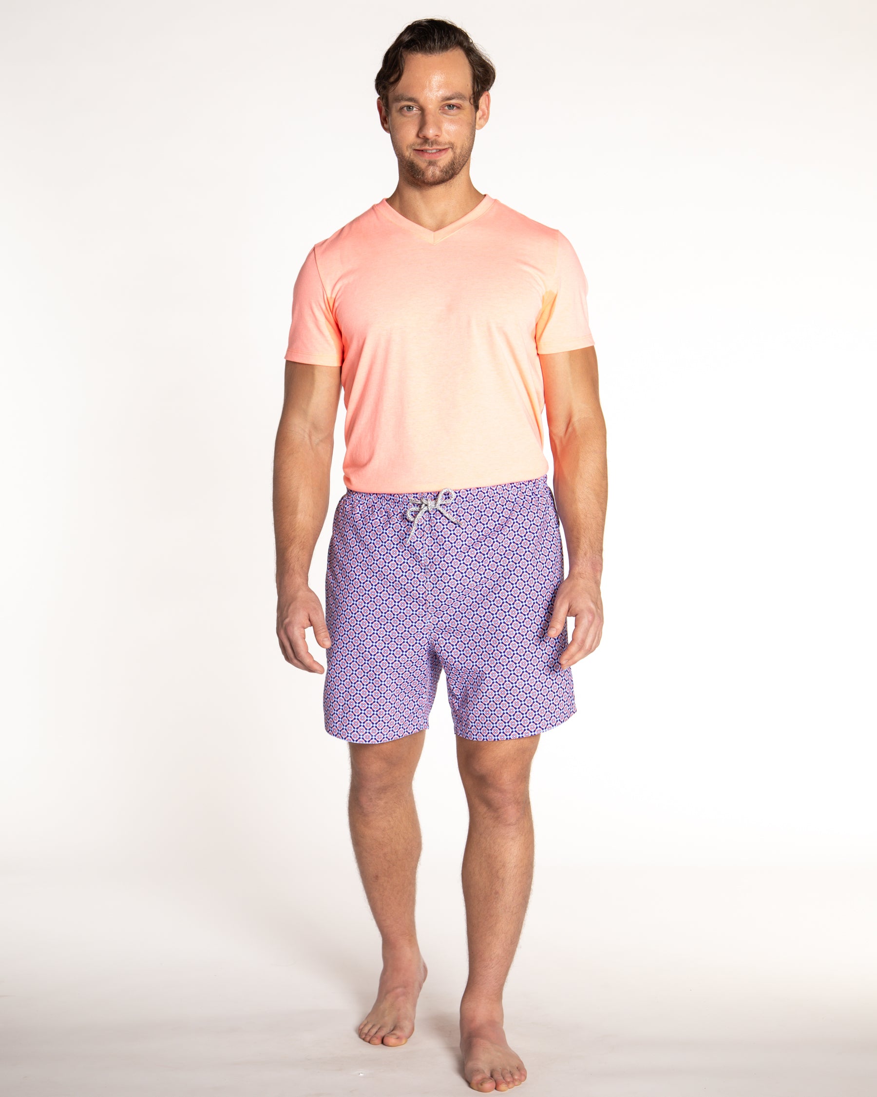 Men's Cyclist Liner Swim Trunks - Blooming Stars Navy/Orange