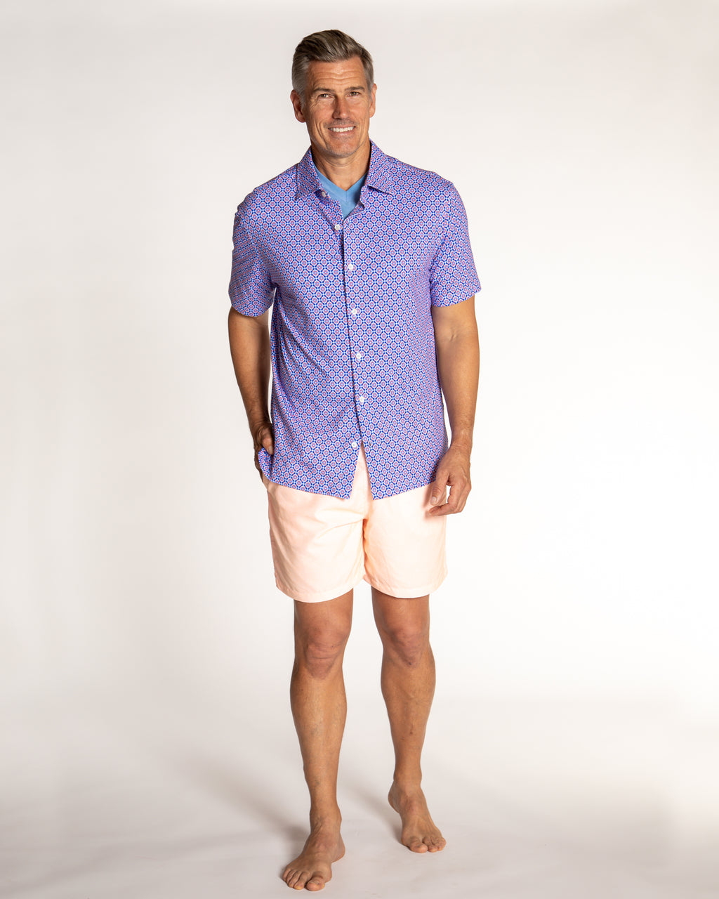 Men's Printed Pima Cotton Short Sleeve Shirt - Blooming Stars Navy/Orange