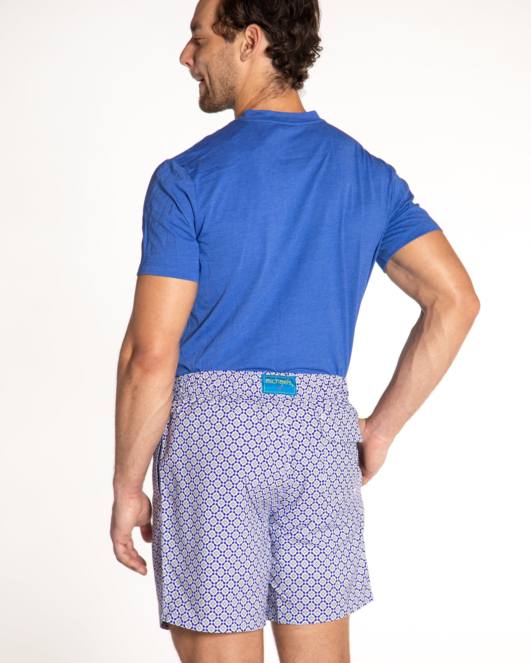 Men's Cyclist Liner Swim Trunks - Blooming Stars Navy/Yellow