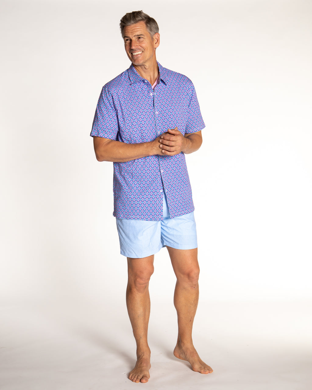 Men's Printed Pima Cotton Short Sleeve Shirt - Blooming Stars Turquoise/Coral