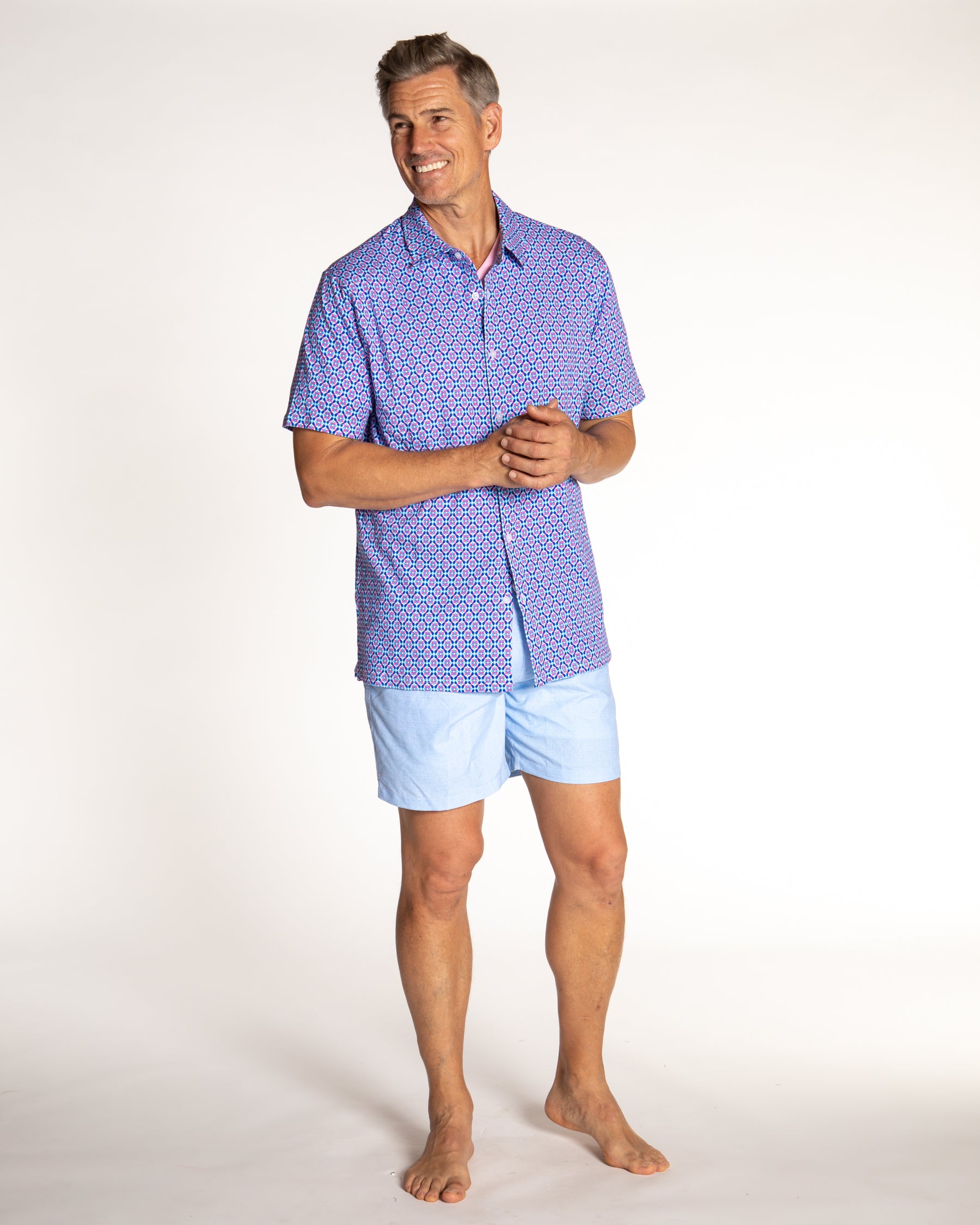 Men's Printed Pima Cotton Short Sleeve Shirt - Blooming Stars Turquoise/Coral