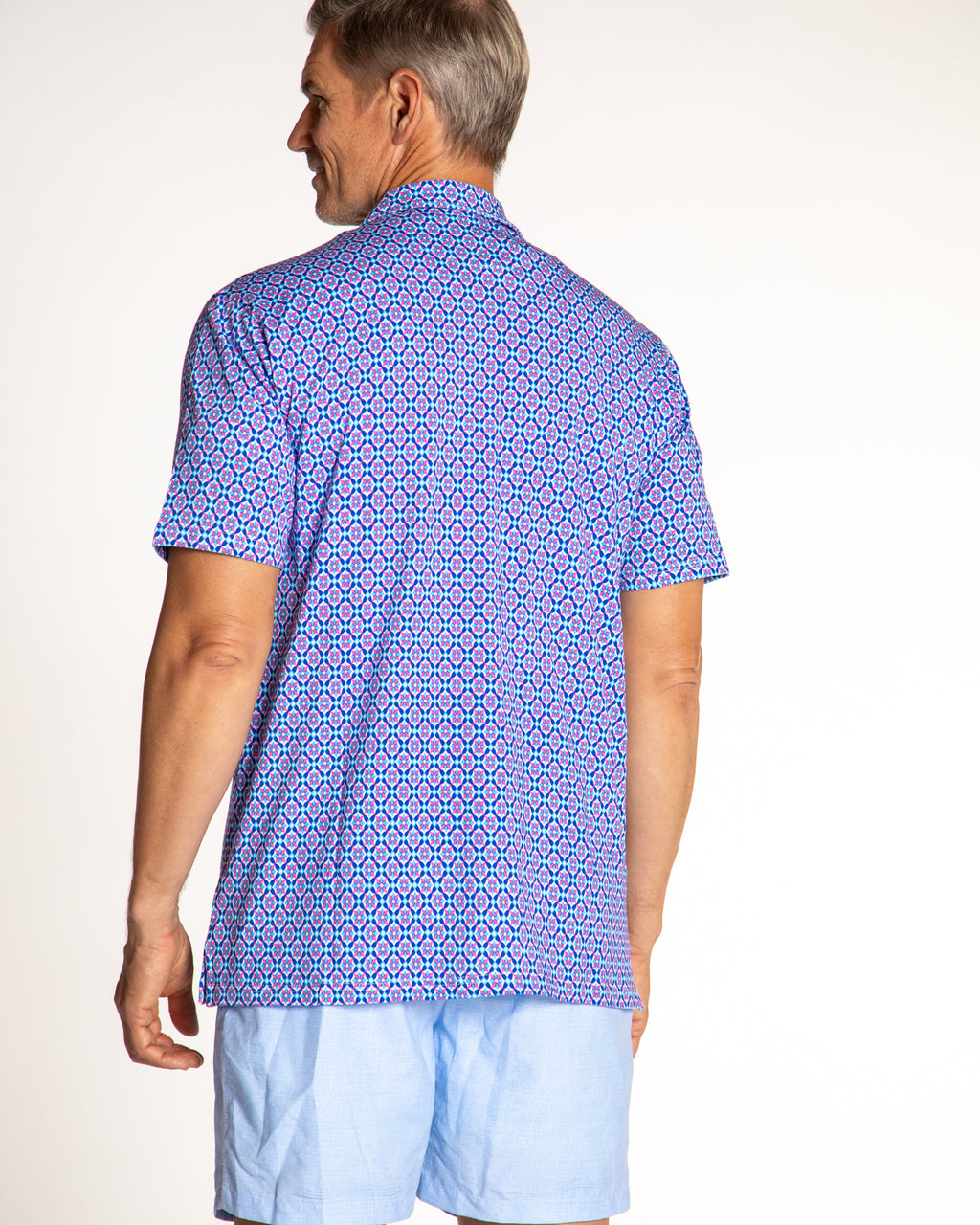 Men's Printed Pima Cotton Short Sleeve Shirt - Blooming Stars Turquoise/Coral