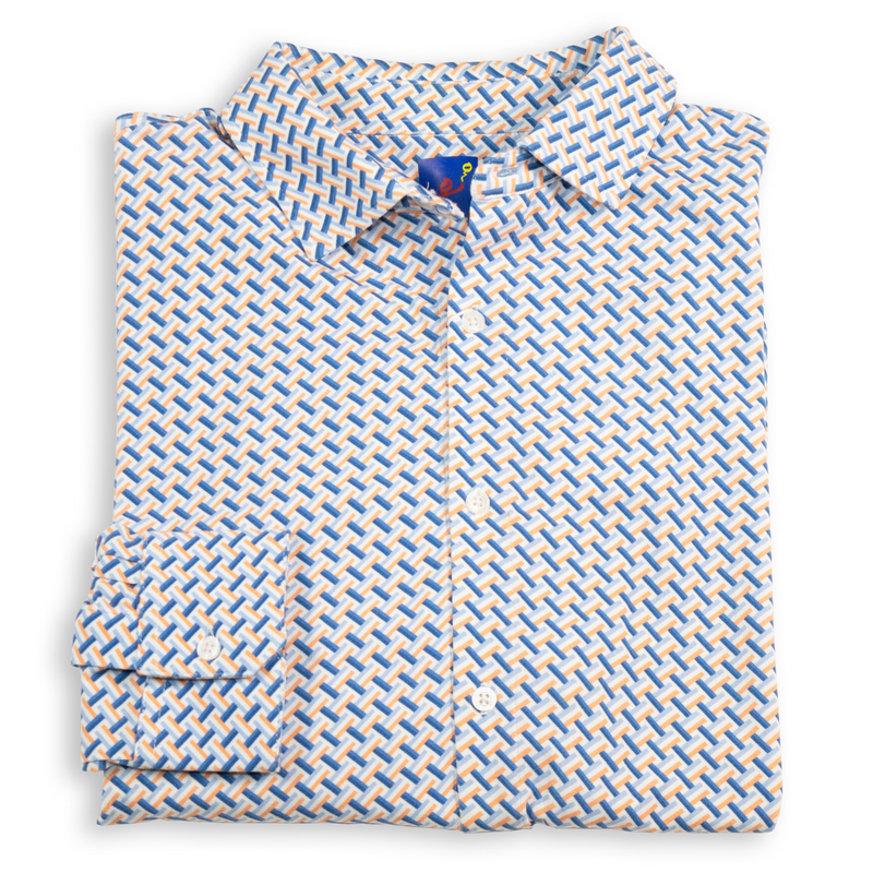Men's Printed Pima Cotton / Stretch Long Sleeve Shirt - Bricks Blue/Papaya