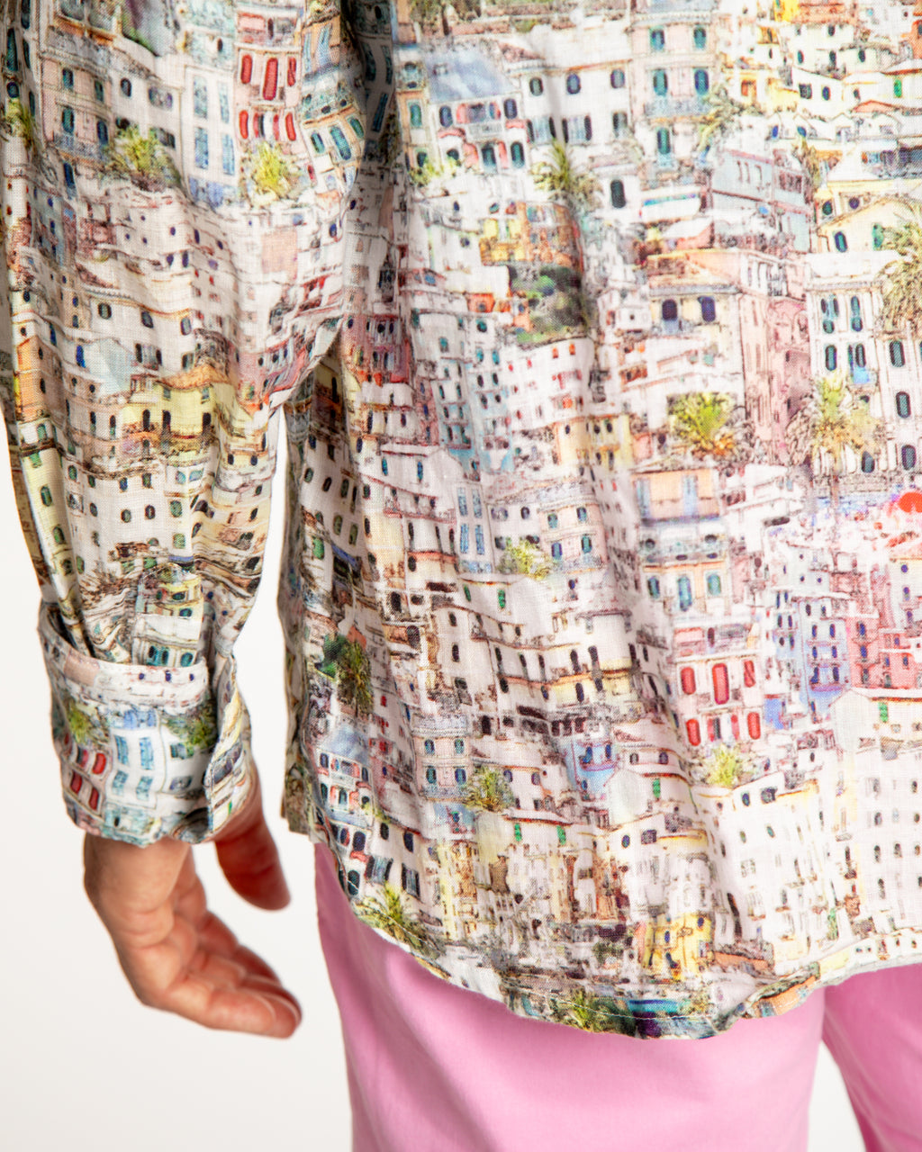 Men's Printed Linen Long Sleeve Shirt - Cinque Terra Multicolored