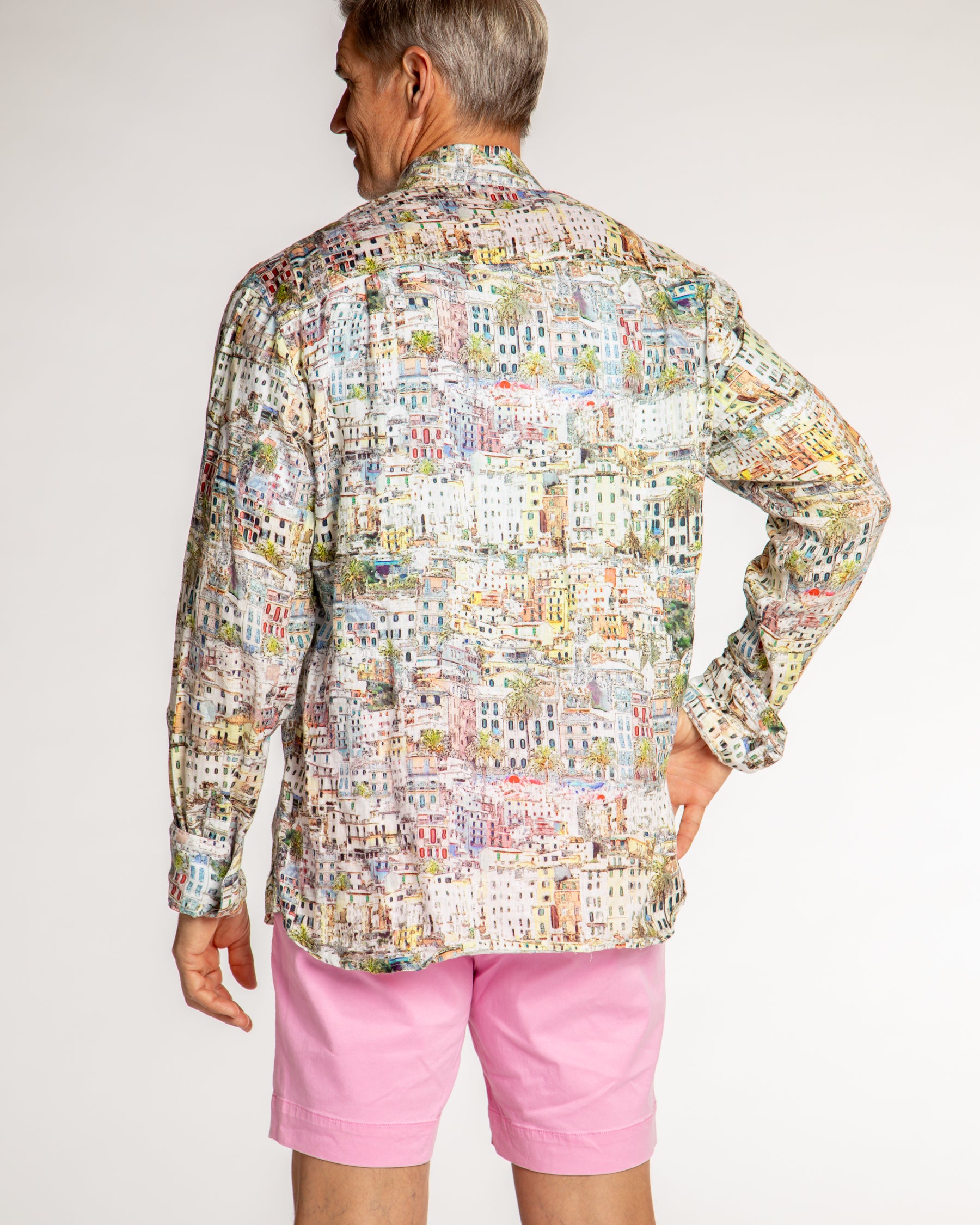Men's Printed Linen Long Sleeve Shirt - Cinque Terra Multicolored
