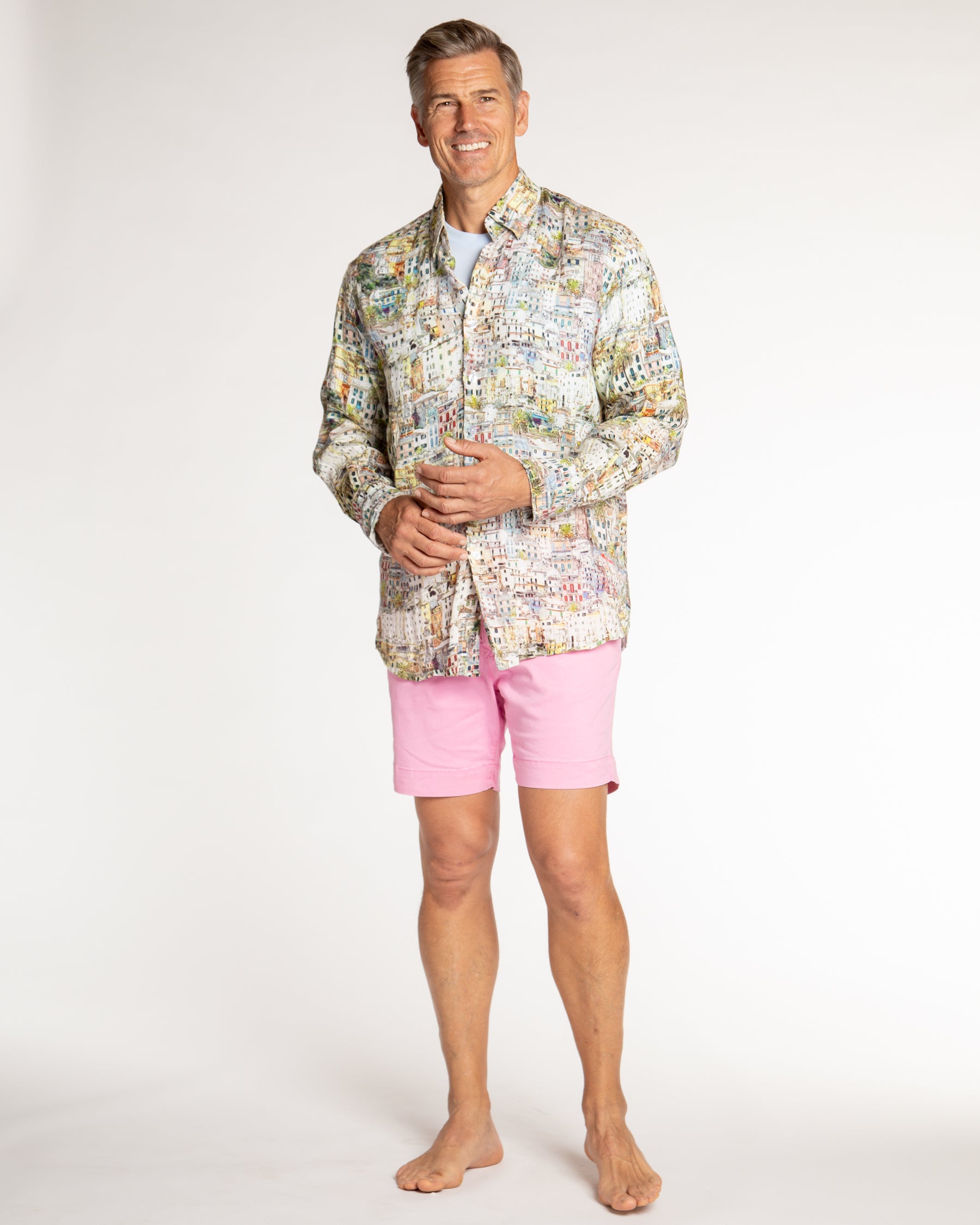 Men's Printed Linen Long Sleeve Shirt - Cinque Terra Multicolored