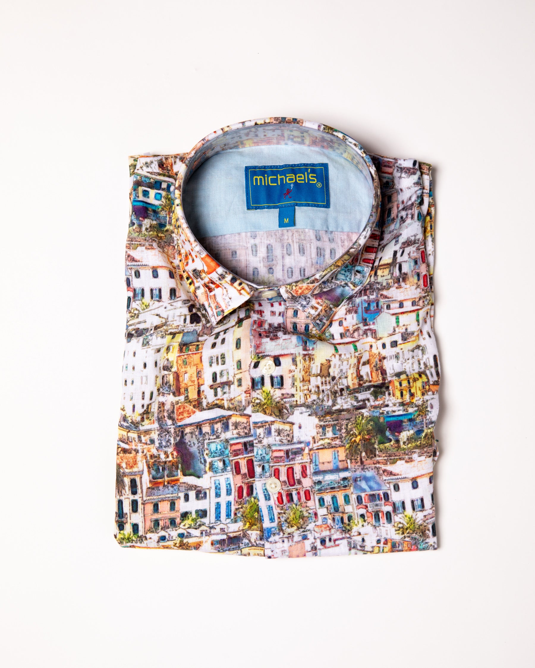 Men's Printed Linen Long Sleeve Shirt - Cinque Terra Multicolored