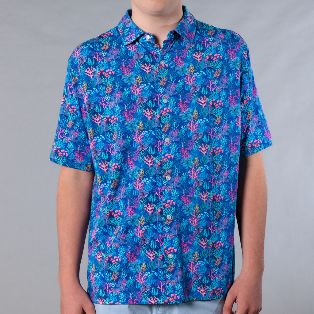 Men's Printed Pima Cotton / Stretch Short Sleeve Shirt - Coral Jungle