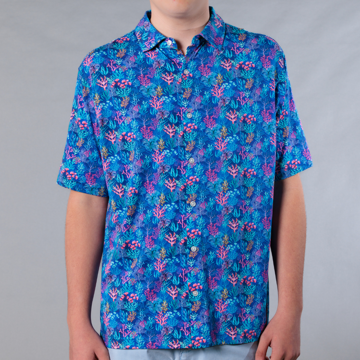Men's Printed Pima Cotton / Stretch Short Sleeve Shirt - Coral Jungle