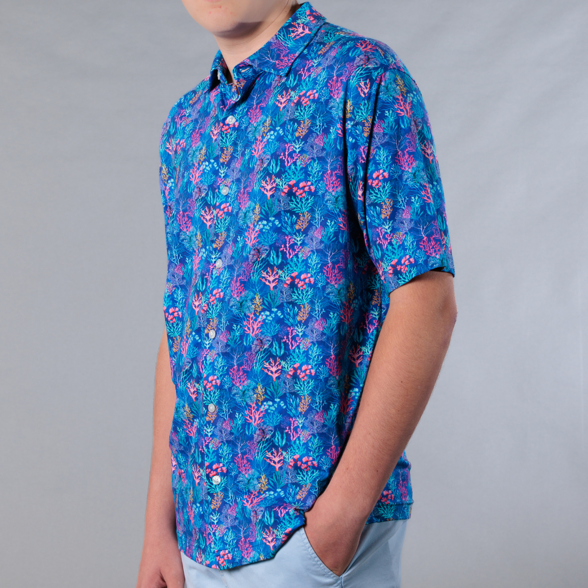 Men's Printed Pima Cotton / Stretch Short Sleeve Shirt - Coral Jungle