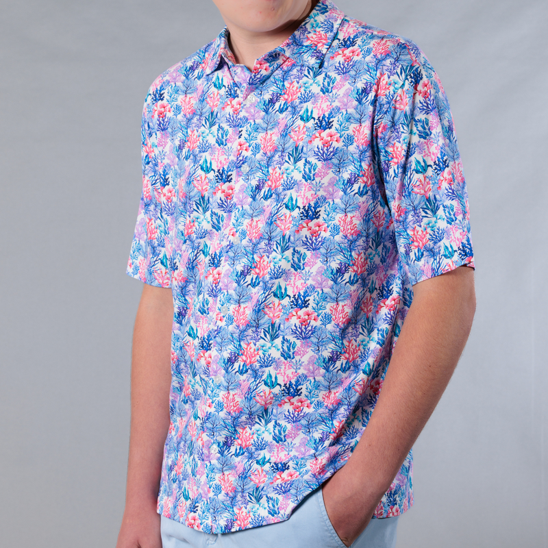 Men's Printed Pima Cotton / Stretch Short Sleeve Shirt - Coral Jungle