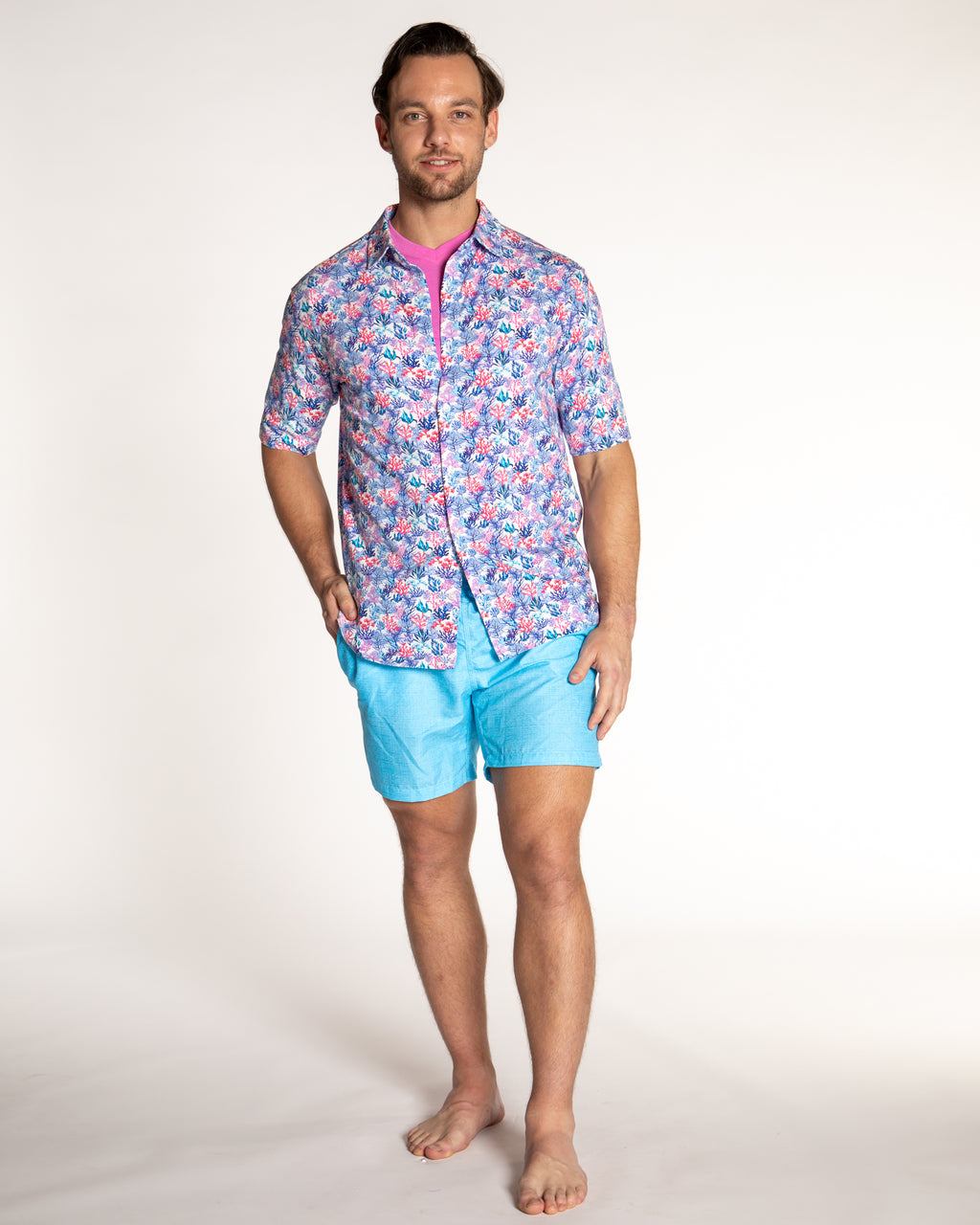 Men's Printed Pima Cotton Short Sleeve Shirt - Coral Jungle White