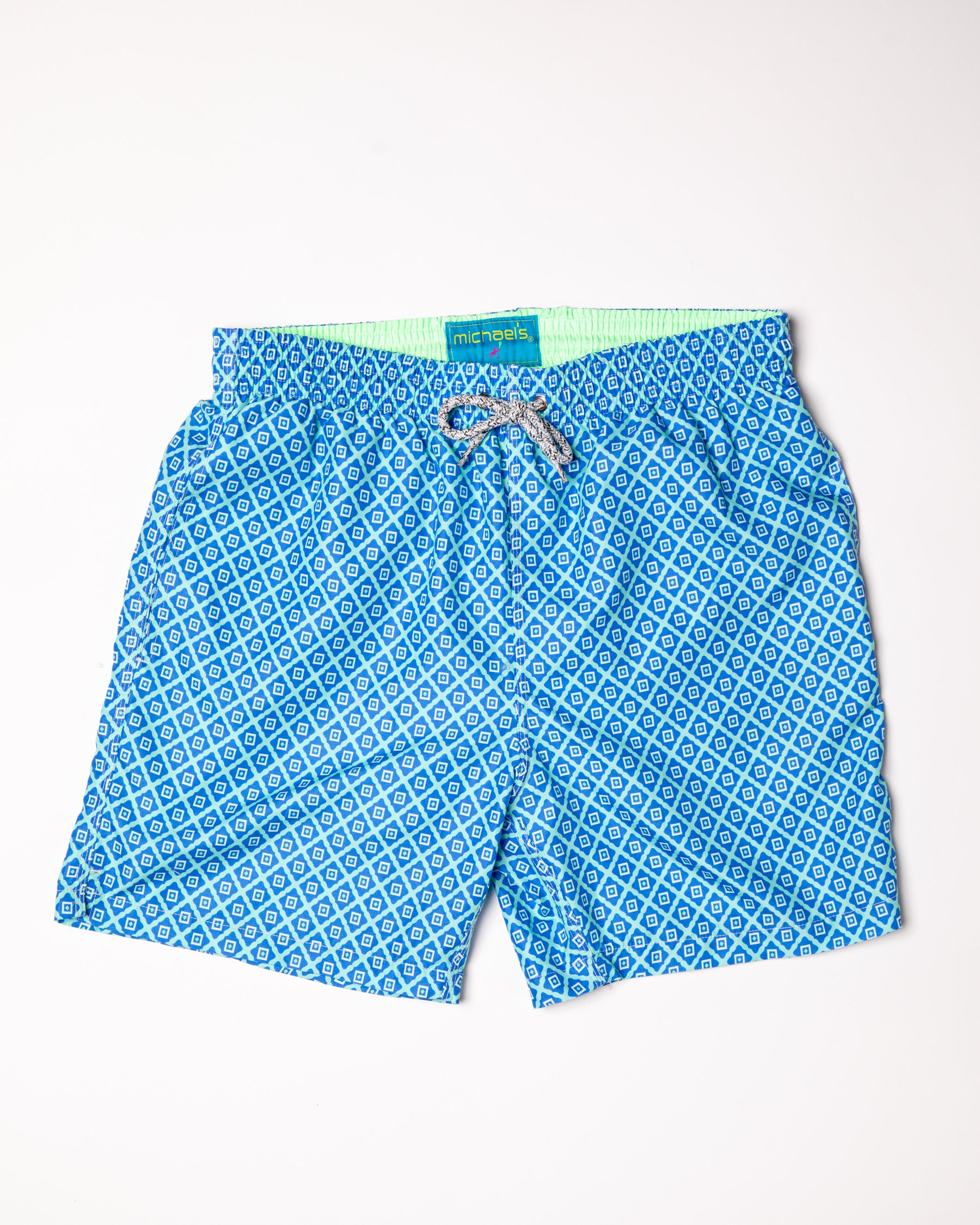 Boy's Cyclist Swim Trunks - Diamond Pattern Aqua