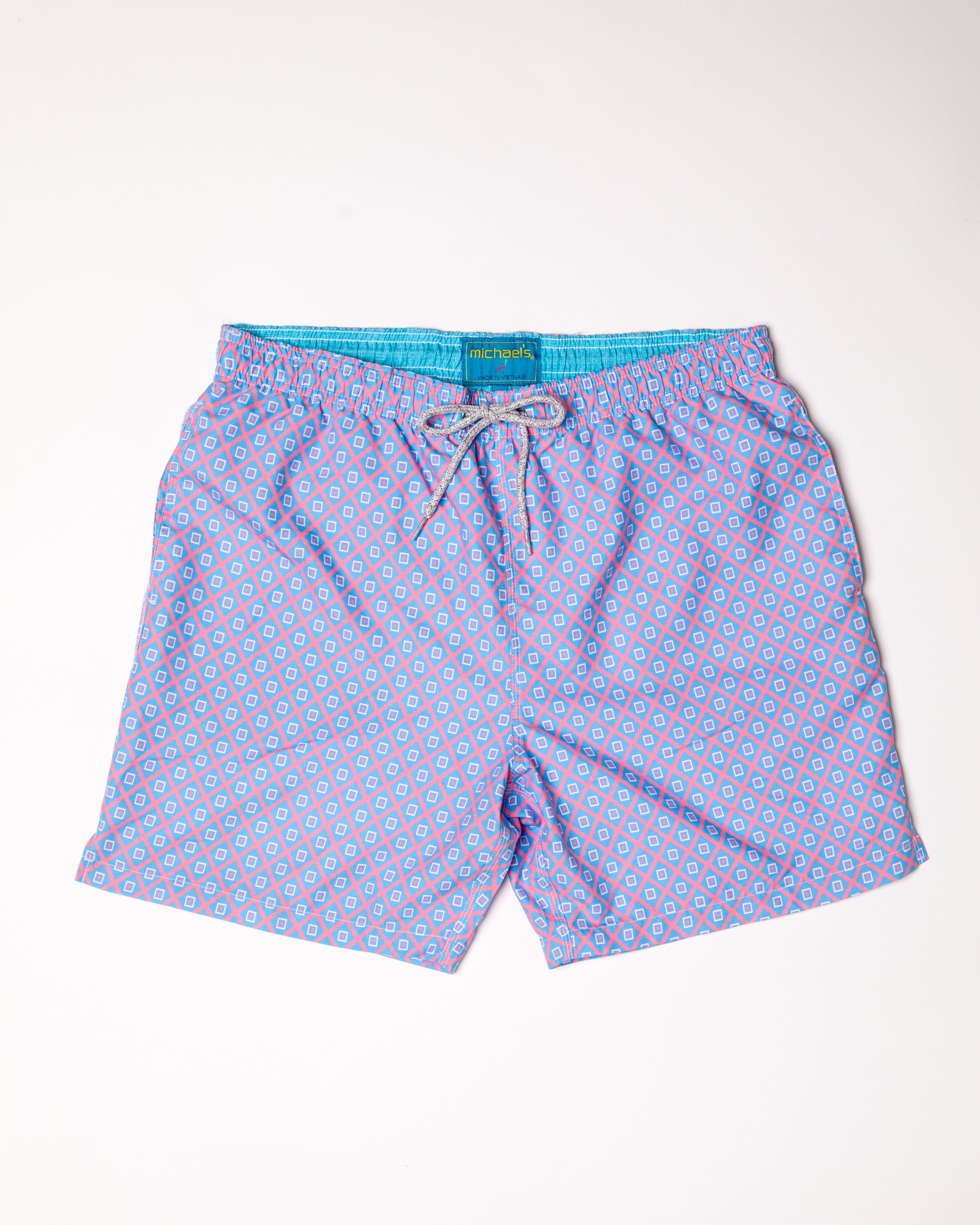 Boy's Cyclist Swim Trunks - Diamond Pattern Coral