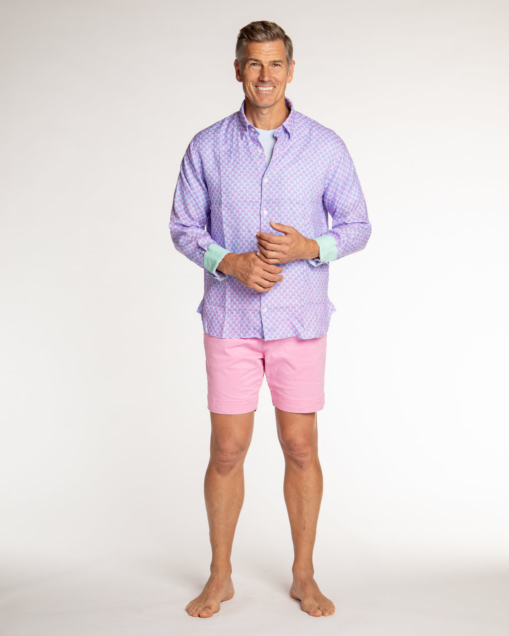 Men's Printed Linen Long Sleeve Shirt - Fans Sky/Coral