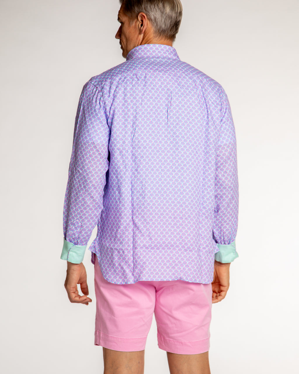 Men's Printed Linen Long Sleeve Shirt - Fans Sky/Coral