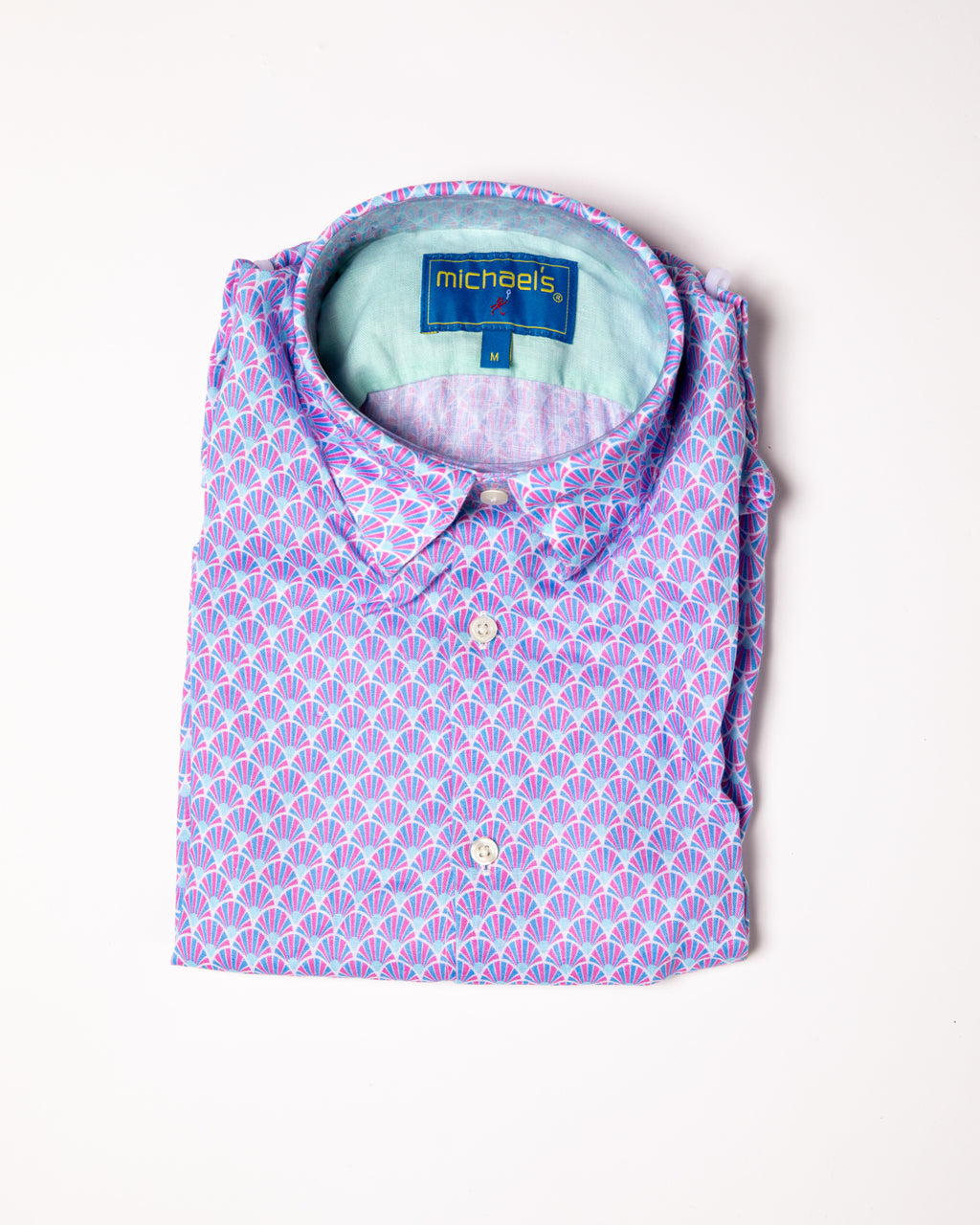 Men's Printed Linen Long Sleeve Shirt - Fans Sky/Coral