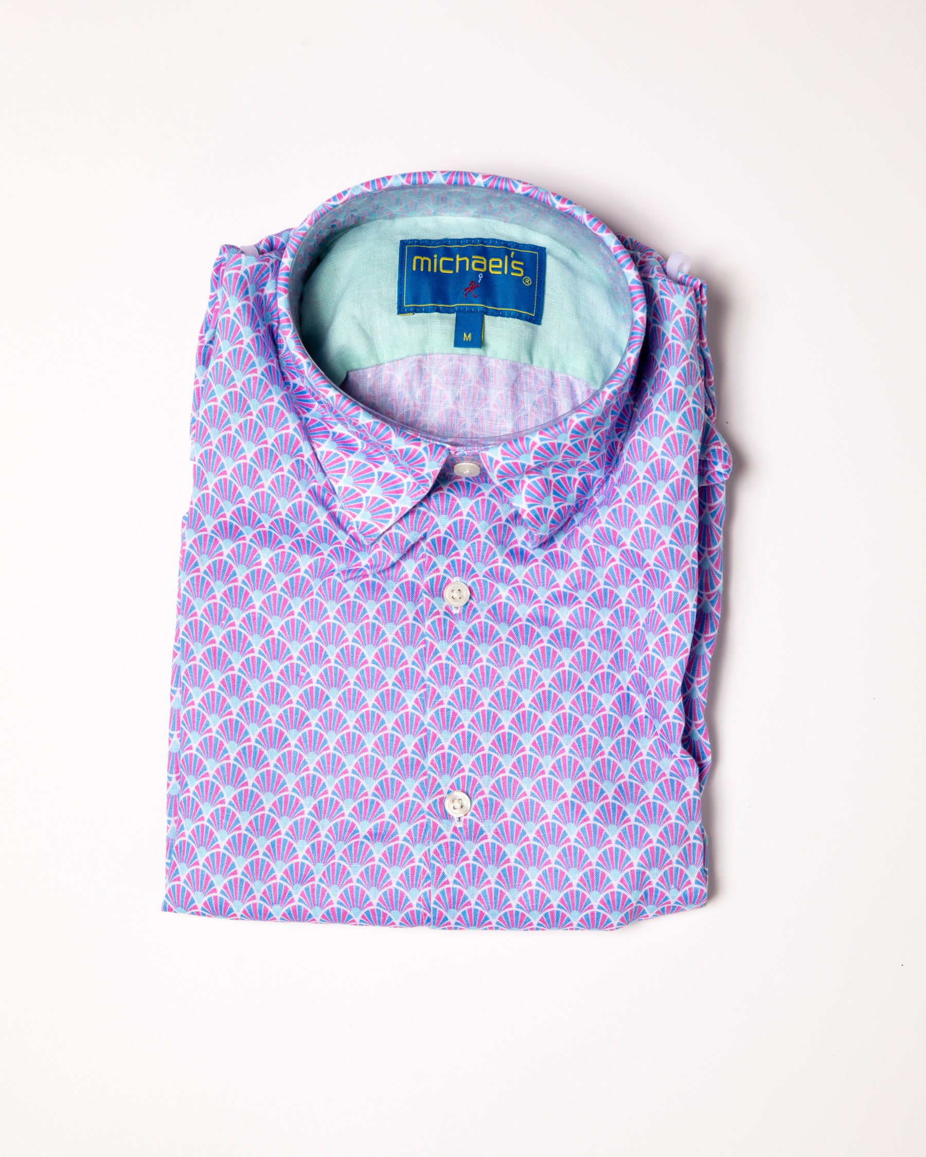 Men's Printed Linen Long Sleeve Shirt - Fans Sky/Coral