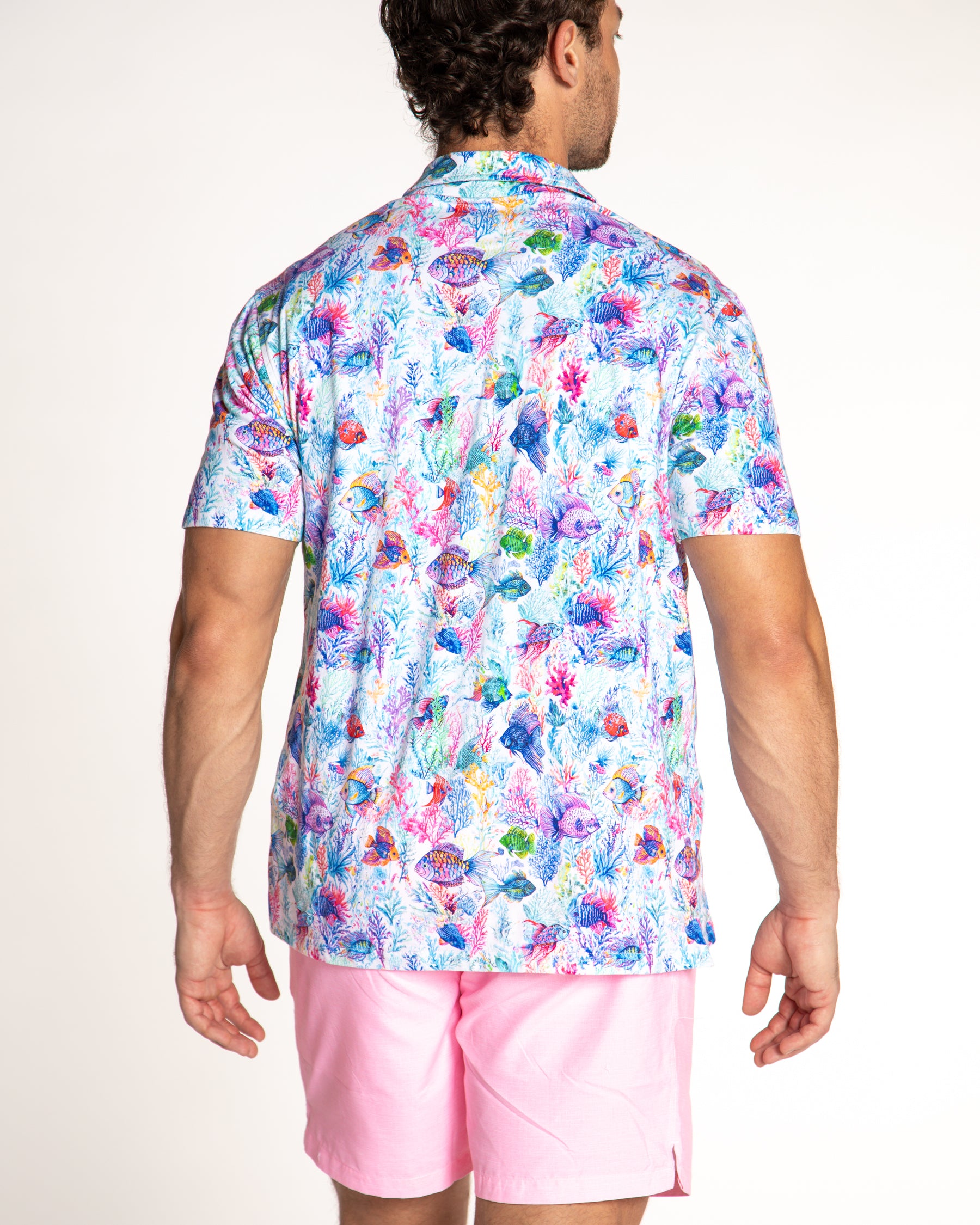 Men's Printed Pima Cotton Short Sleeve Shirt - Fish Jungle White