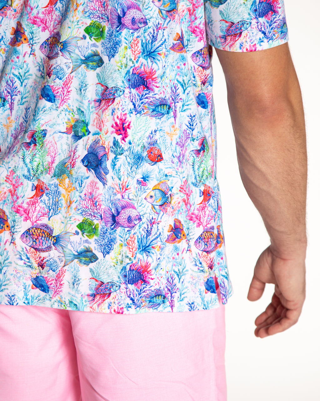 Men's Printed Pima Cotton Short Sleeve Shirt - Fish Jungle White