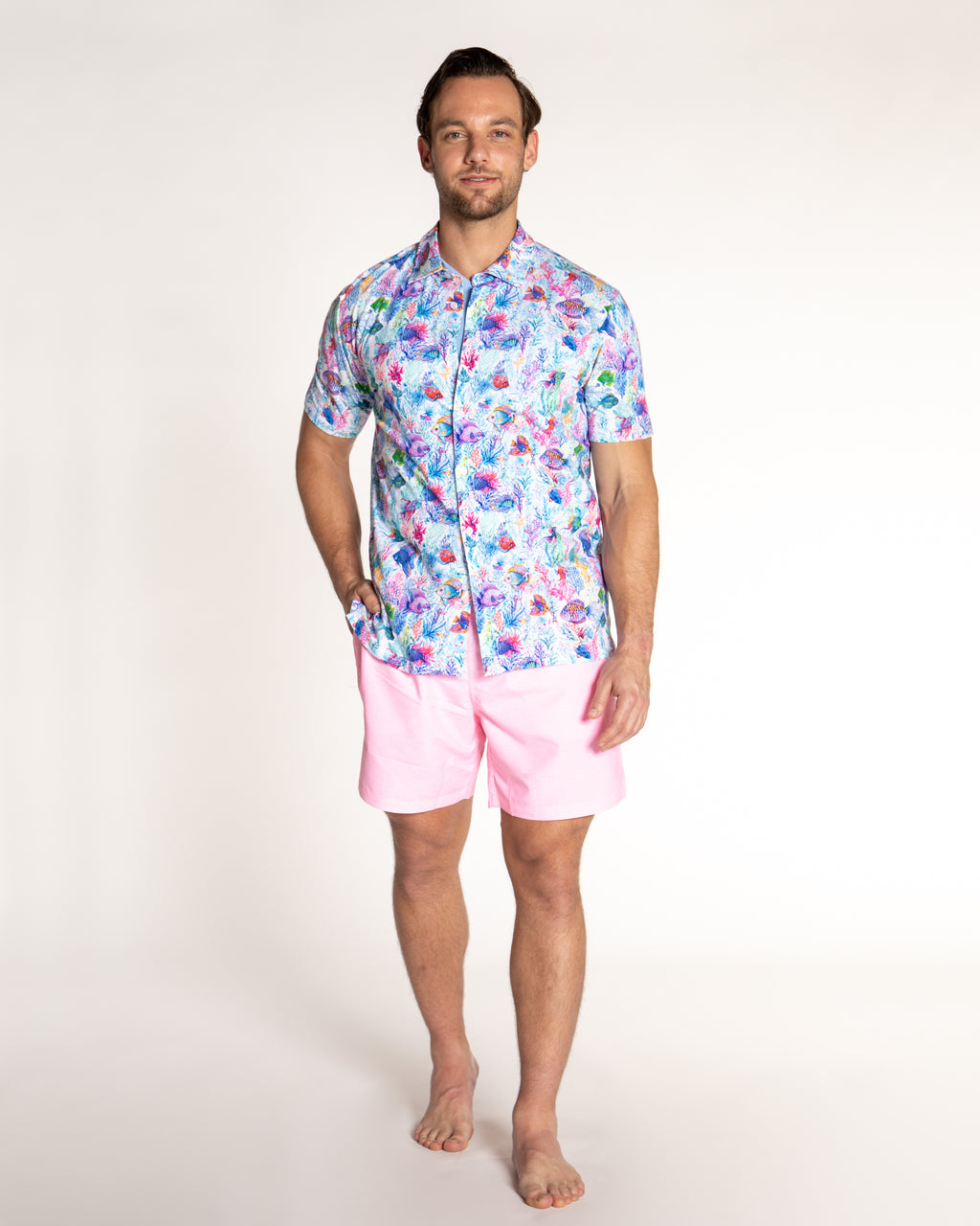 Men's Printed Pima Cotton Short Sleeve Shirt - Fish Jungle White