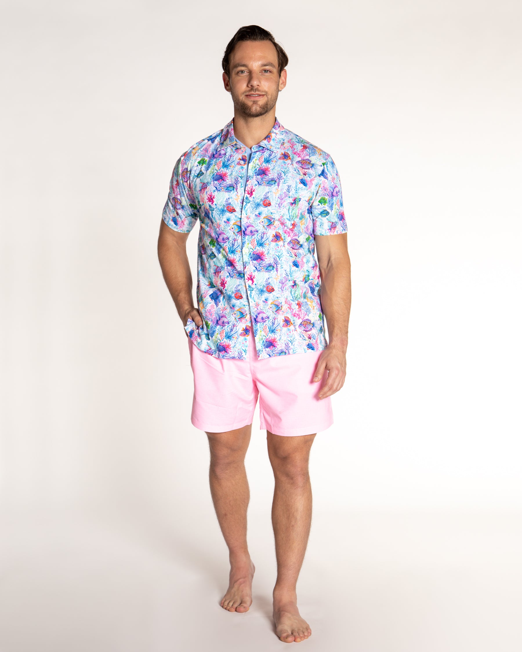 Men's Printed Pima Cotton Short Sleeve Shirt - Fish Jungle White