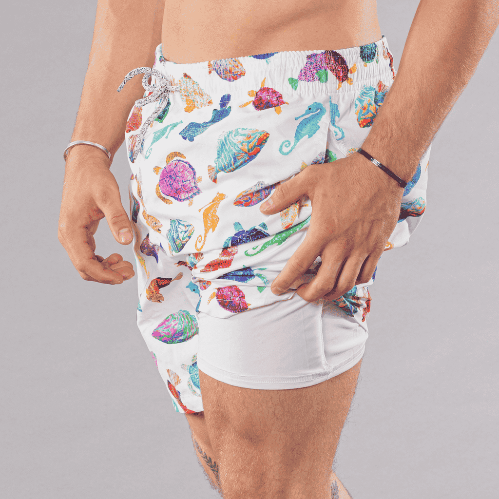 Men's Cyclist Liner Swim Trunks - Fish Charts White