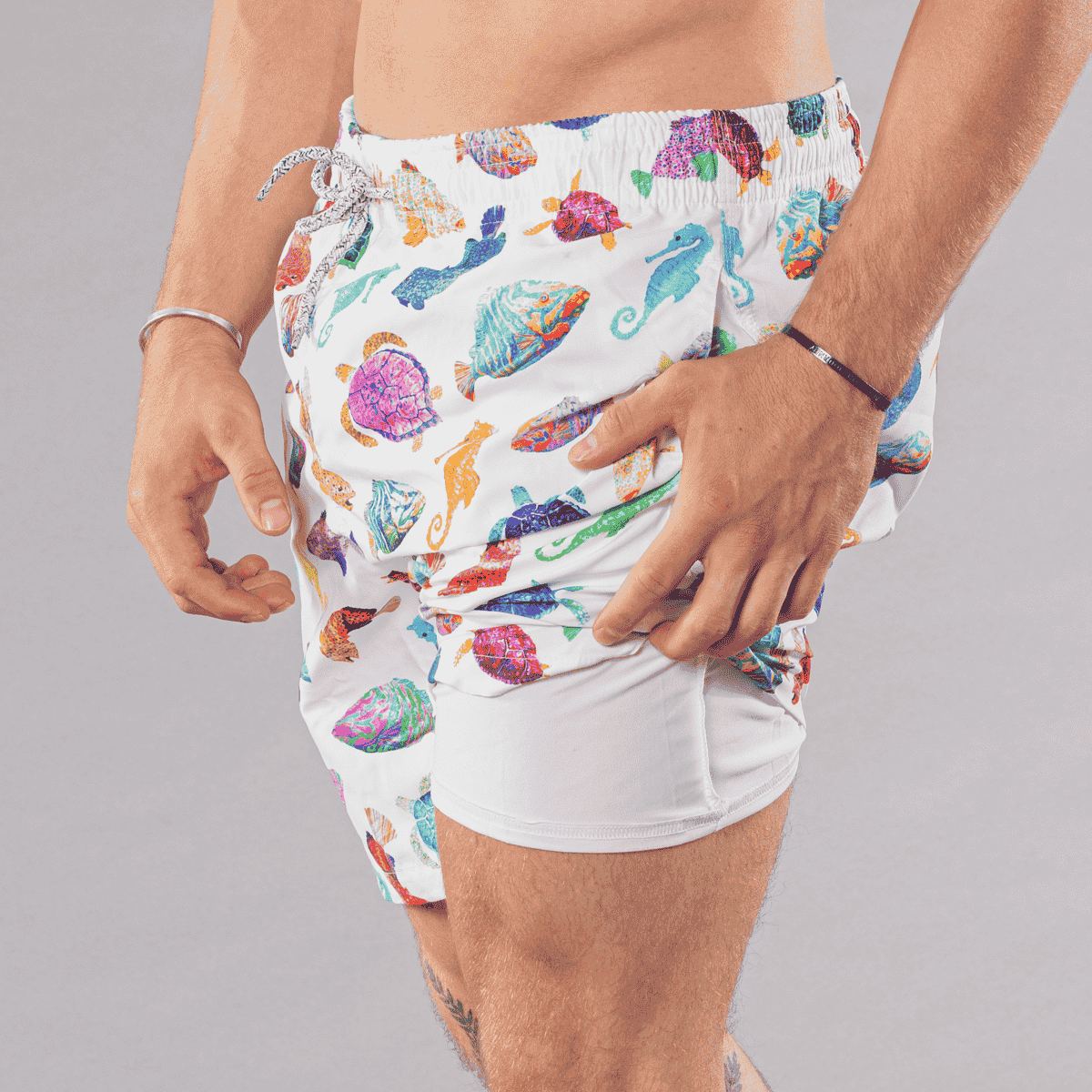 Men's Cyclist Liner Swim Trunks - Fish Charts White