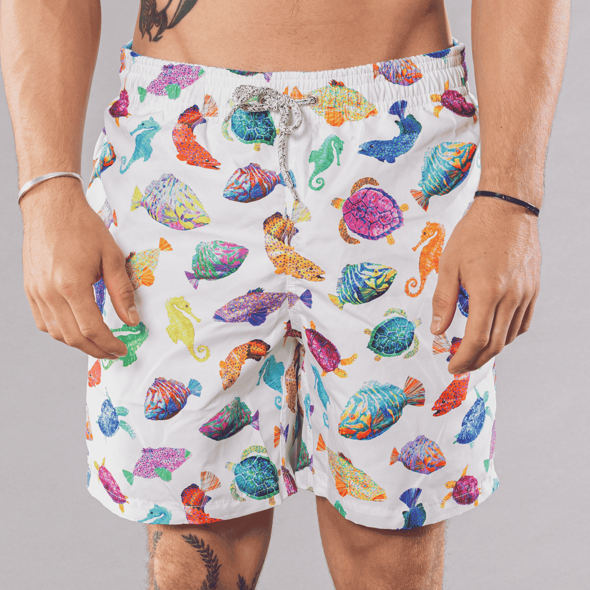 Men's Cyclist Liner Swim Trunks - Fish Charts White