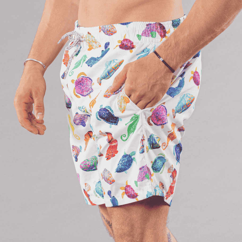 Men's Cyclist Liner Swim Trunks - Fish Charts White