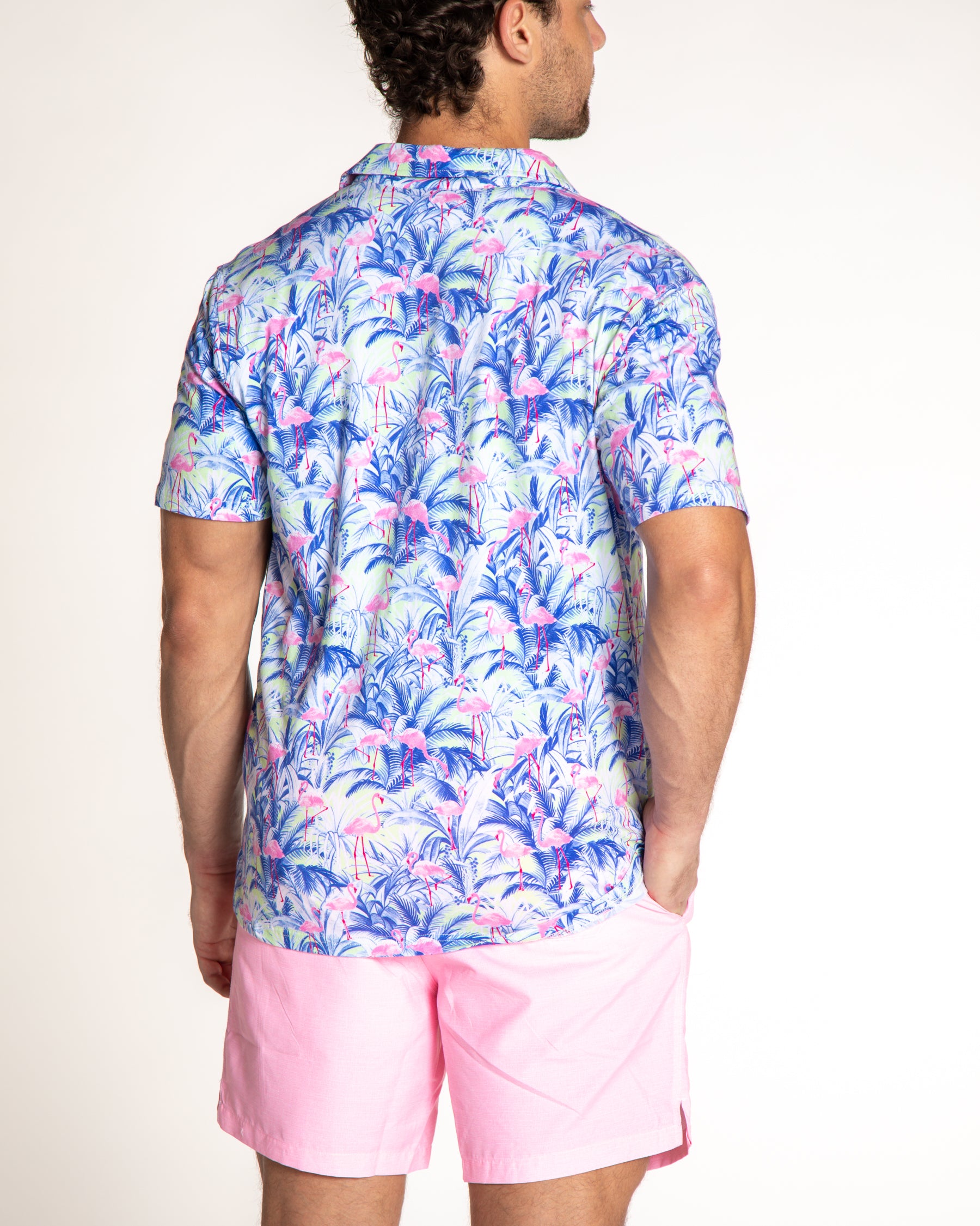 Men's Printed Pima Cotton Short Sleeve Shirt - Flamingos Navy