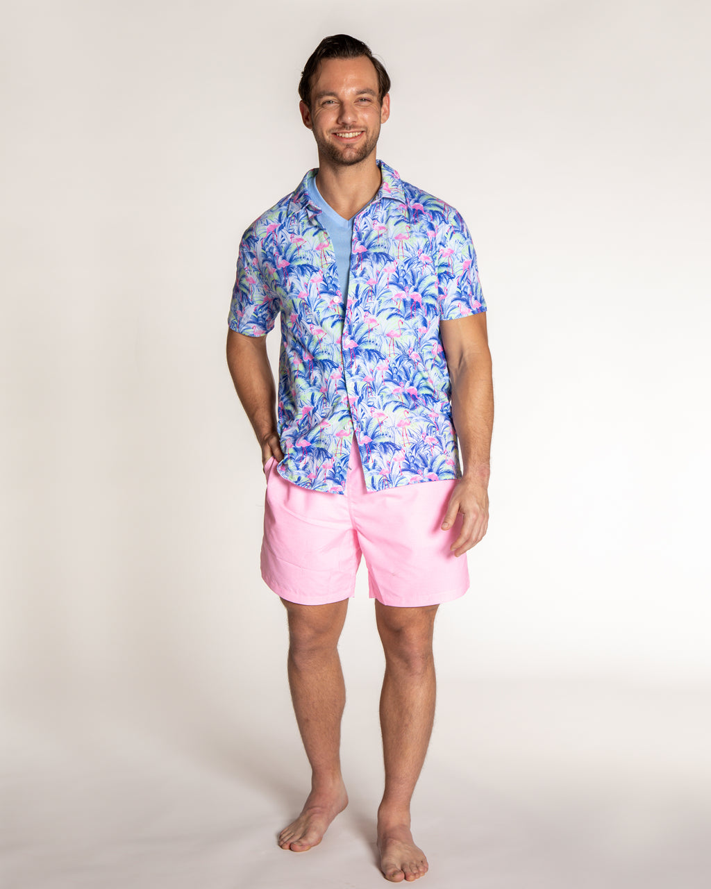 Men's Printed Pima Cotton Short Sleeve Shirt - Flamingos Navy