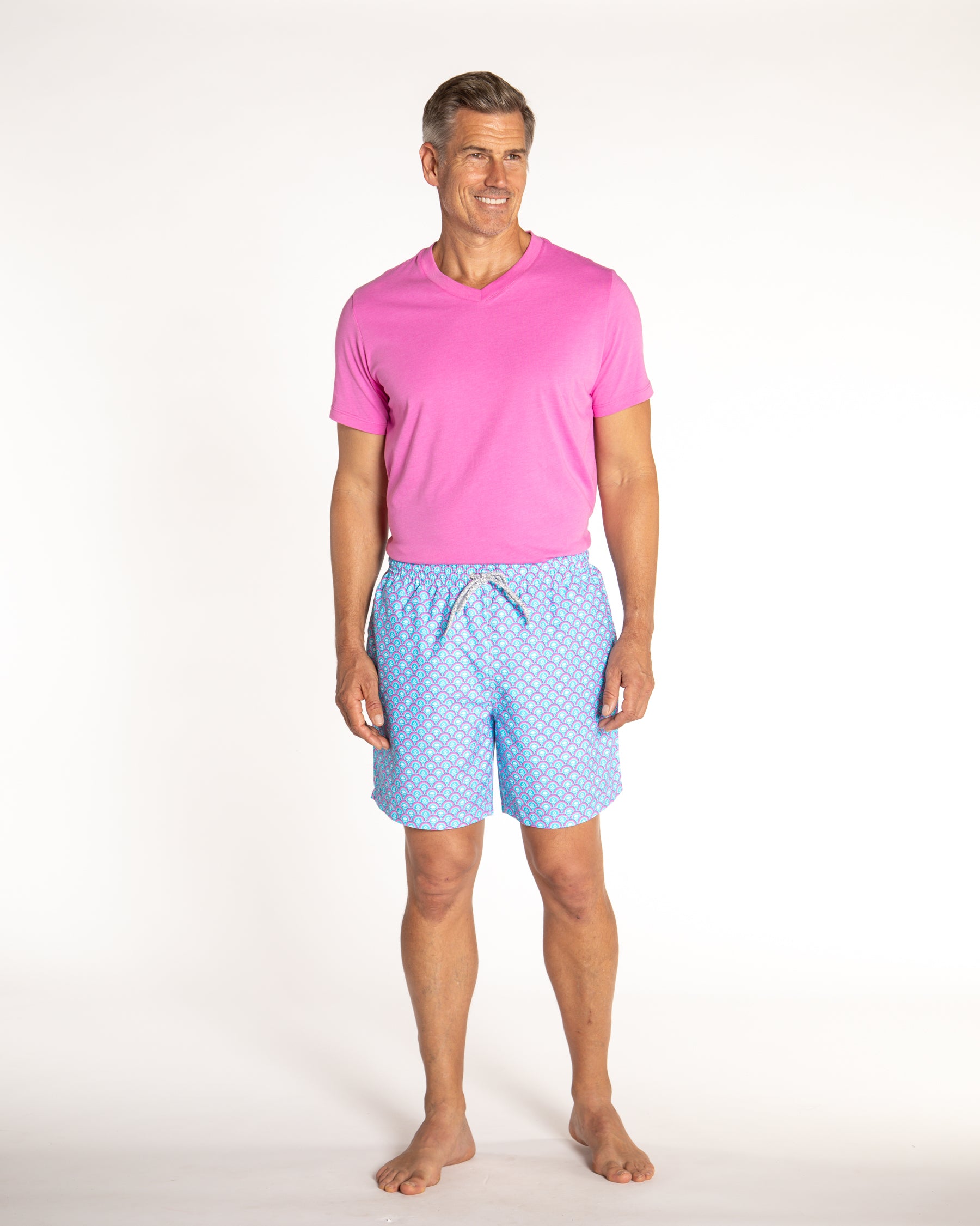 Men's Cyclist Liner Swim Trunks - Floral Scallops Aqua