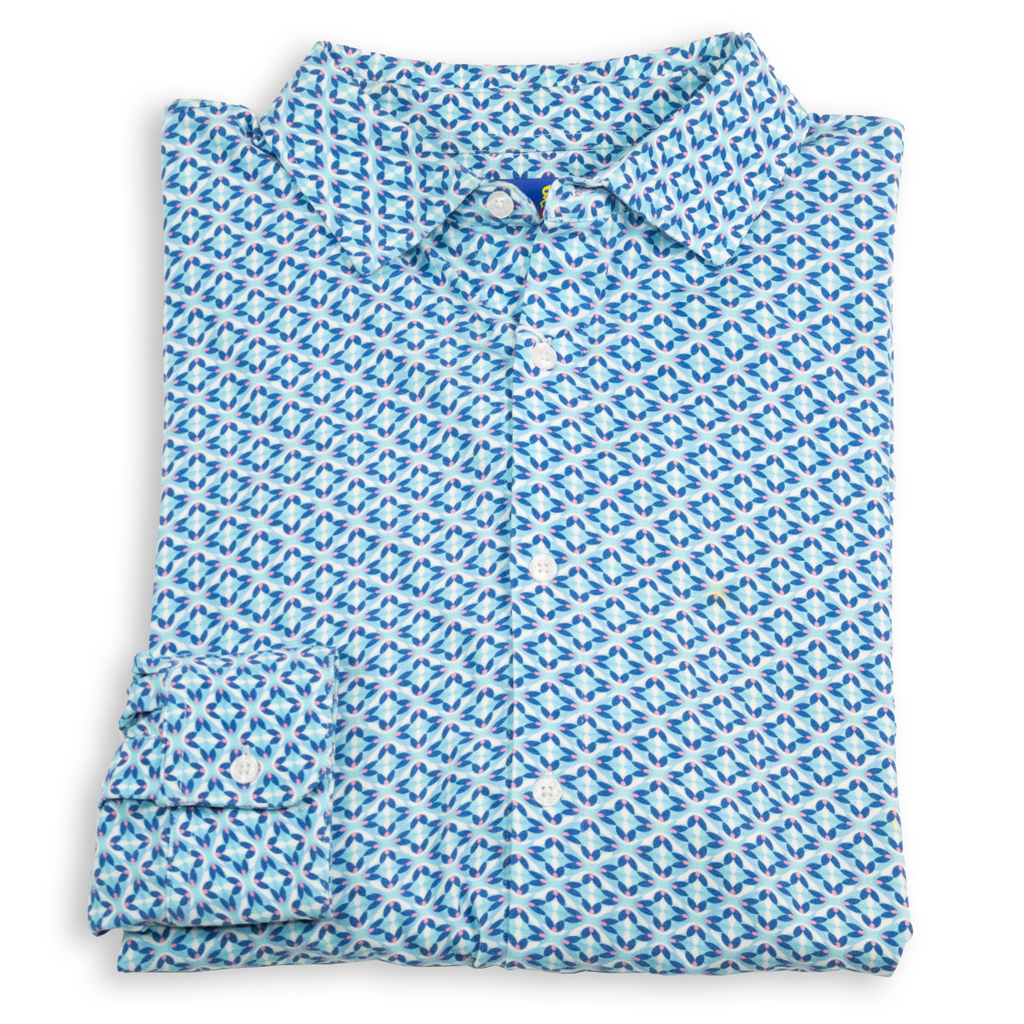 Men's Printed Pima Cotton / Stretch Long Sleeve Shirt - Geo Flower Blue/Coral