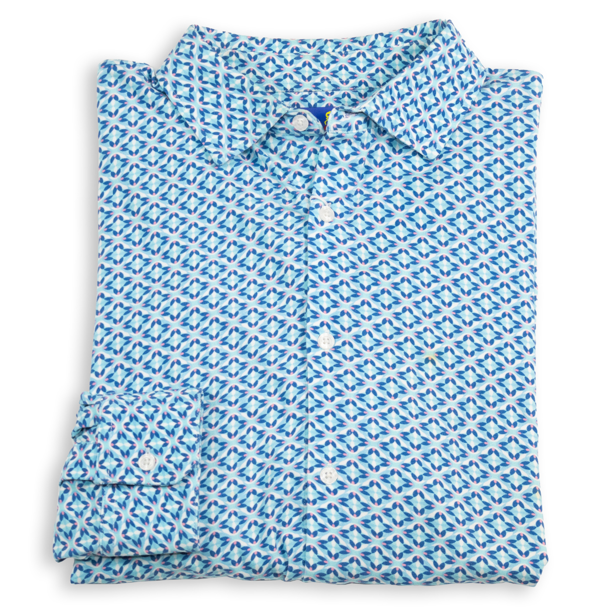 Men's Printed Pima Cotton / Stretch Long Sleeve Shirt - Geo Flower Blue/Coral