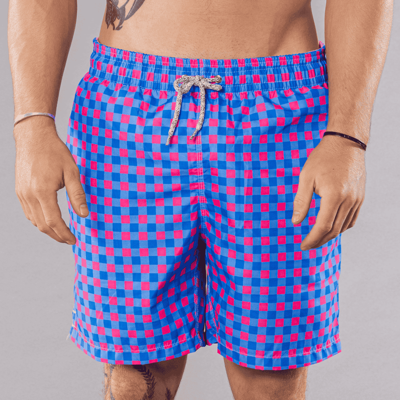 Men's Cyclist Liner Swim Trunks - Gingham Royal/Coral