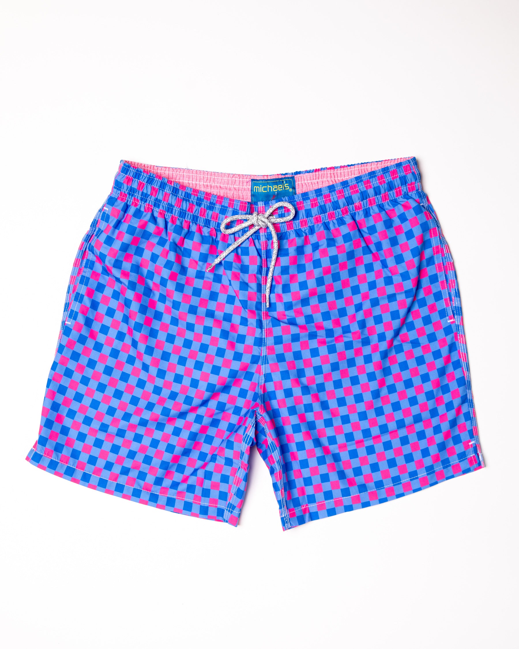 Men's Cyclist Liner Swim Trunks - Gingham Royal/Coral