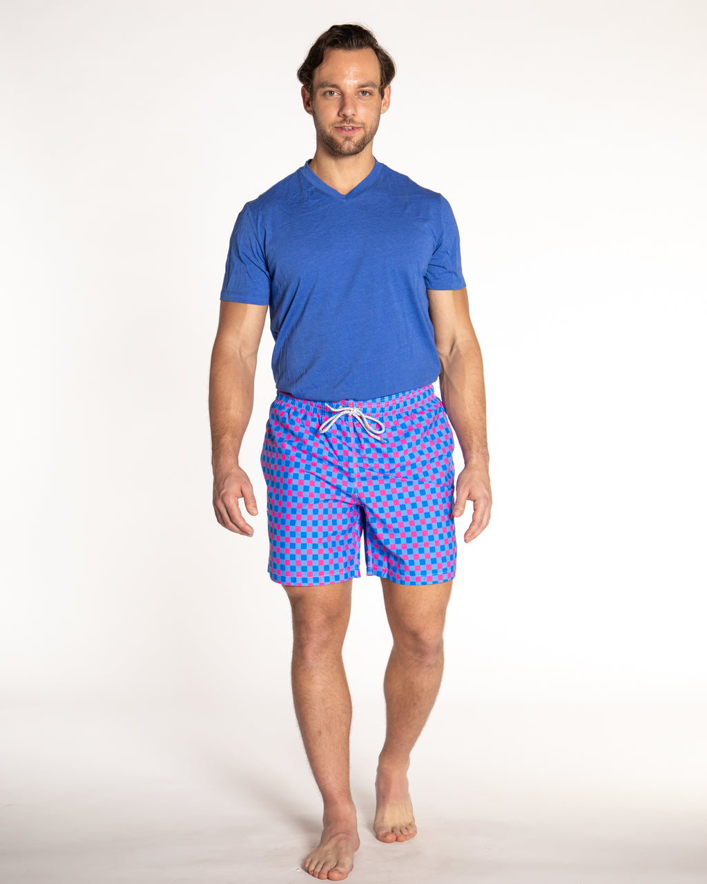 Men's Cyclist Liner Swim Trunks - Gingham Royal/Coral