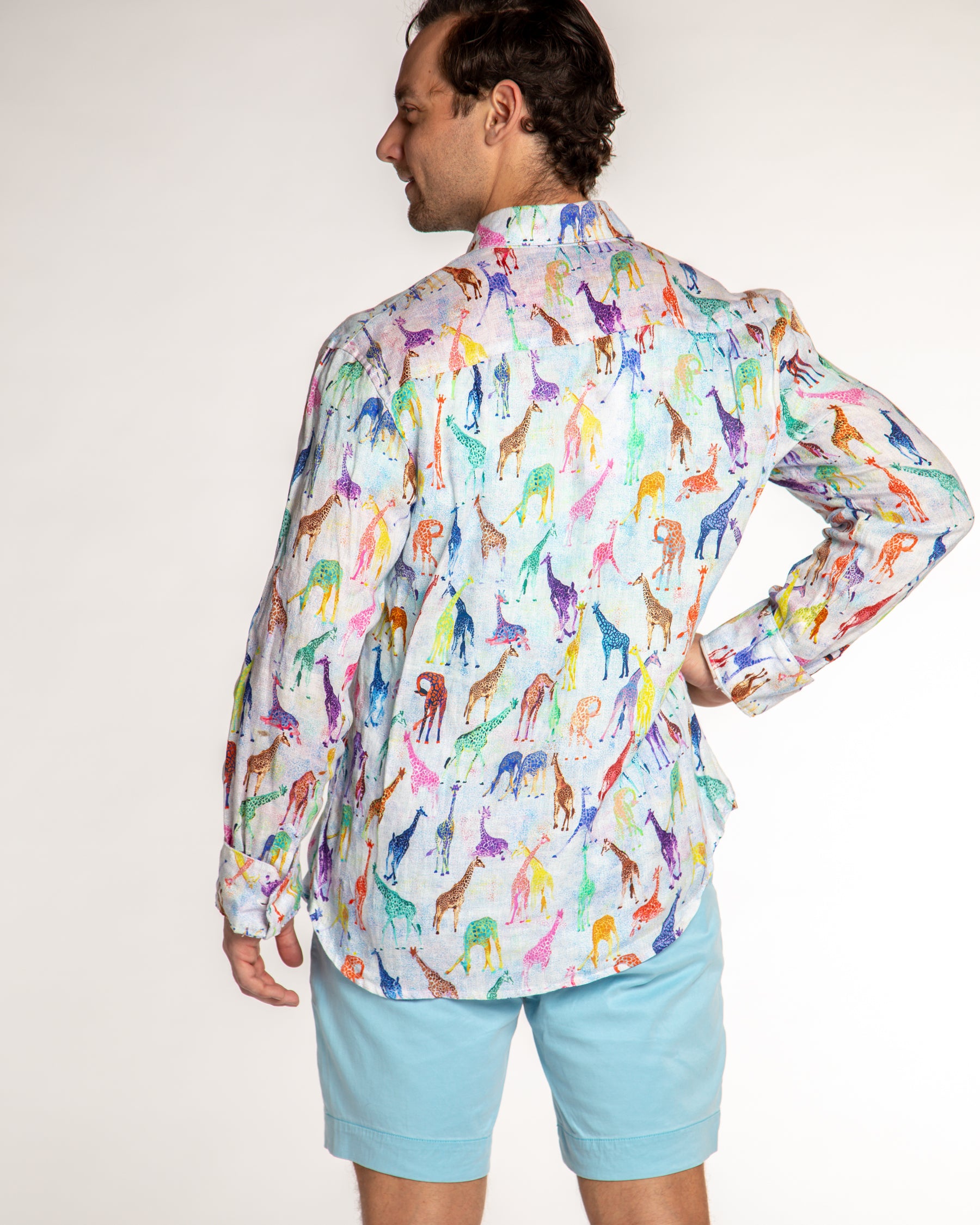 Men's Printed Linen Long Sleeve Shirt - Giraffes Blue