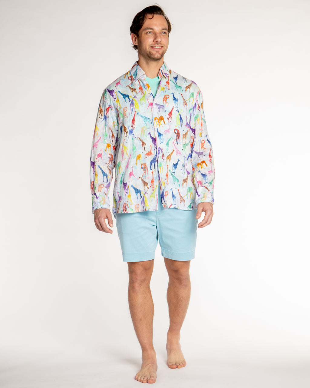 Men's Printed Linen Long Sleeve Shirt - Giraffes Blue