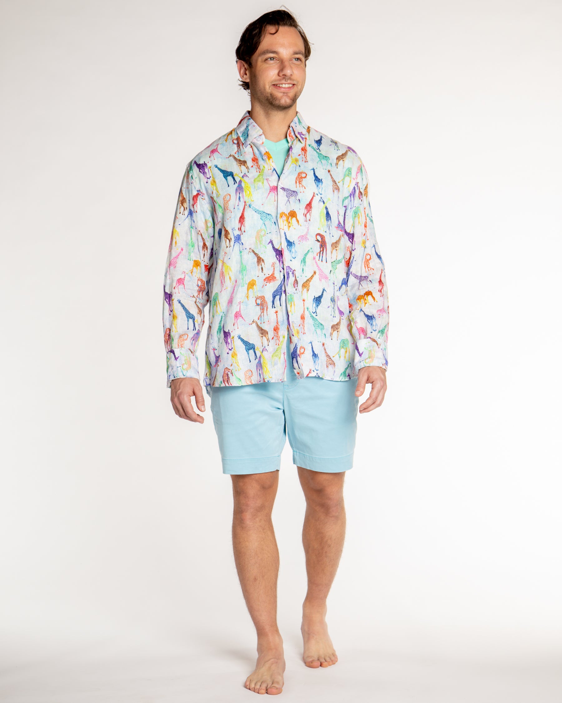 Men's Printed Linen Long Sleeve Shirt - Giraffes Blue